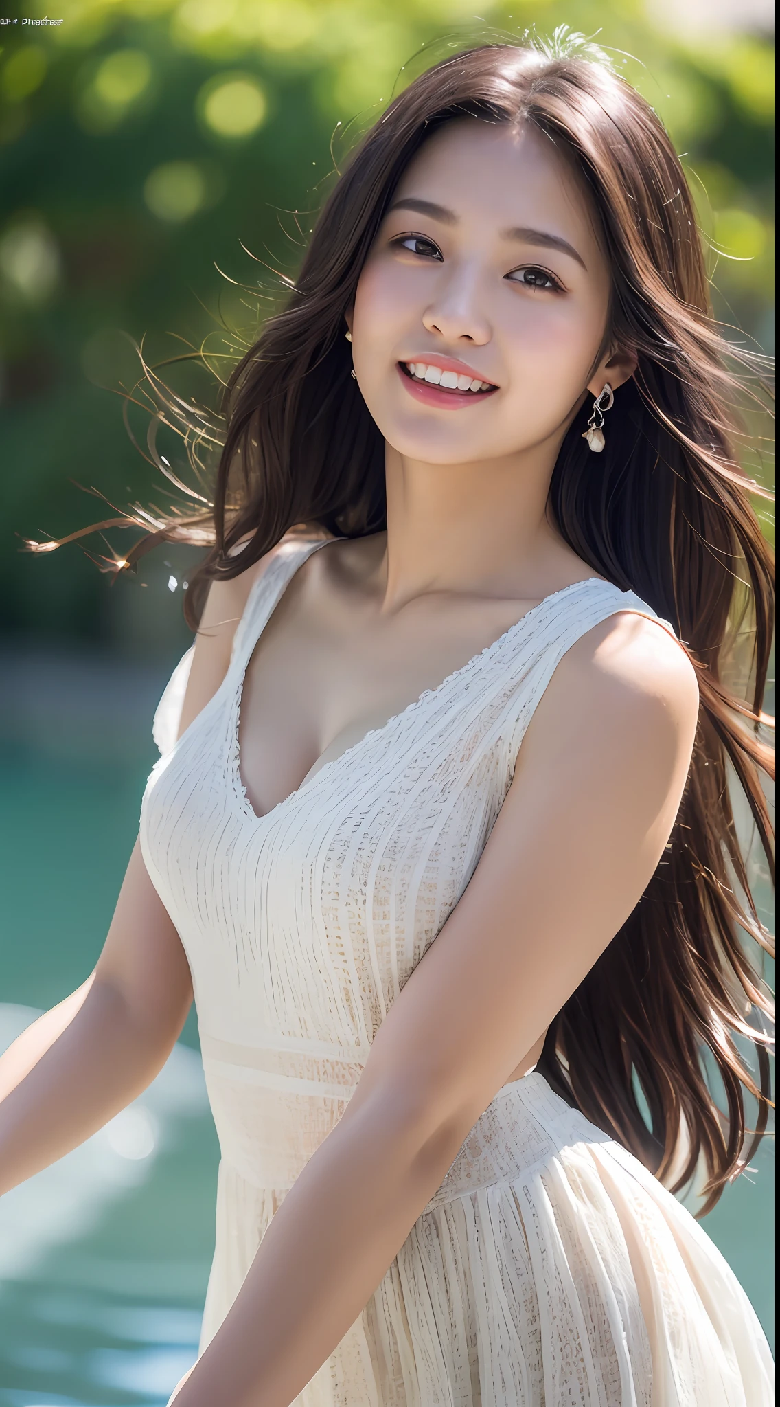 (8k, RAW photos,best quality, high resolution:1.1), (hyperrealistic:1.4),(realistic, photorealistic:1.3), soft light,big breasts,young girl,asian,realistic face,slender body,realistic skin,absurdity,masterpiece,(cute:1.8), detailed black eyes,blusher,cinema light,jewelry,earrings,( medium hair:1.1)),((Floating hair)),Upper body, Open lips, Top teeth, (Smiling eyes:0.6), Depth of field, Blurred background, Eye focus, 85mm Lens, f/1.4,Professional Lighting, Portrait,Photon Mapping,Radiosity,Physically Based Rendering,
