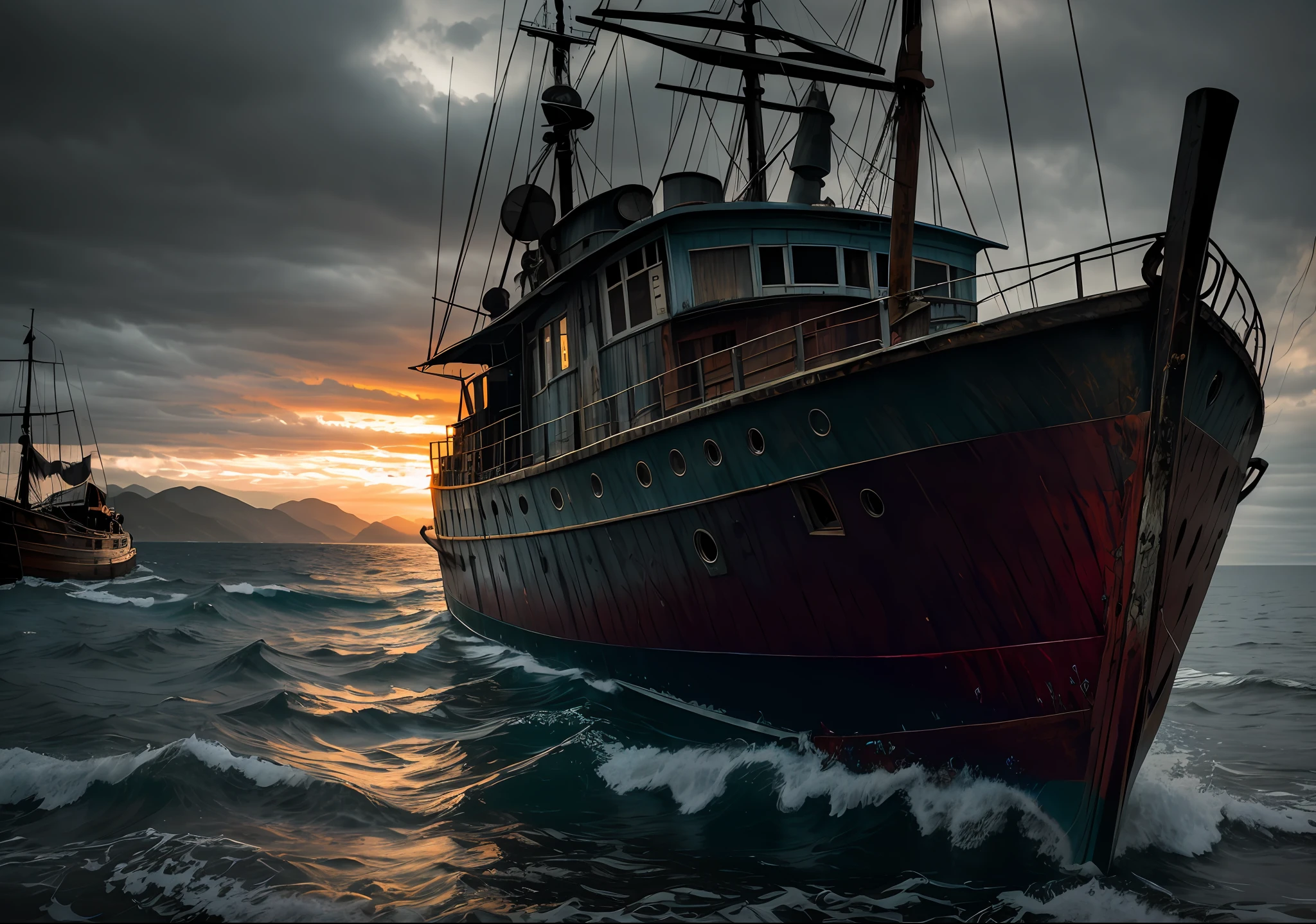 METALHEAD sitting next to an old boat the sea dark photo: realistic epic, soft cinematic portrait, adobe lightroom, photographic laboratory, highly detailed, faded, art by greg rutkowski and artgerm ,neutral colors: 1,2), (hdr: 1,4) , (soft colors:1.2), hyperdetailed, (artstation:1.4), cinematic, warm lights, dramatic light, (intricate details:1.1), complex background, (rutkowski:0.66), (blue and orange:0.4)