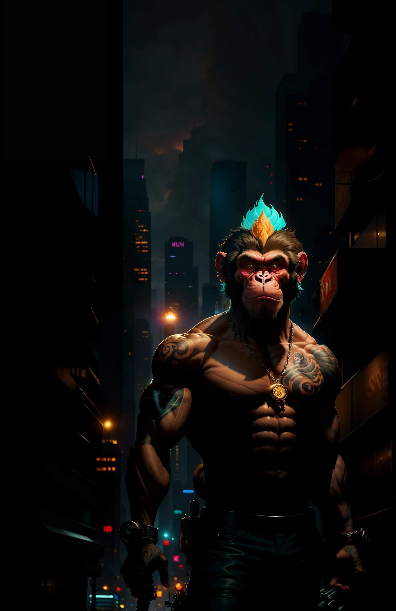 ((best quality)),((ultradetailed)), ((masterpiece)), illustration,
Scene structure: Animal-personified monkey as a gangster, with a monkey face and human body. He has a muscular build and tattoos on his body. He rides a motorcycle in the city, with tall buildings behind him and neon lights flashing.
Prompt composition: Monkey-gangster, animal-personification, motorcycle-riding, tattooed-body, muscular-build, city-scape, tall-buildings, neon-lights