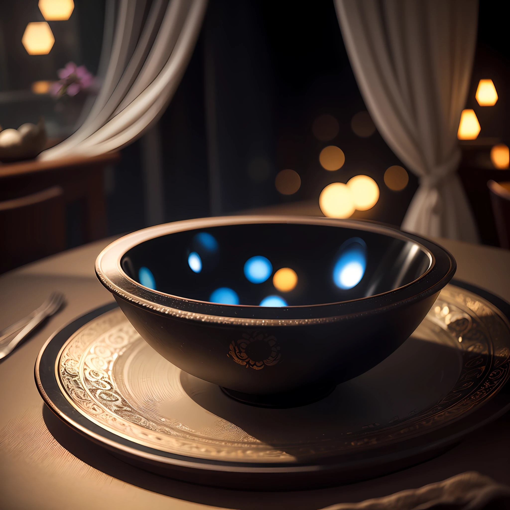bowl world, night, night view, window, night light, curtains, carved black marble dining table, glass table, depth of field, ((blurred background)),
Masterpiece, the best quality, super delicate, --auto --s2