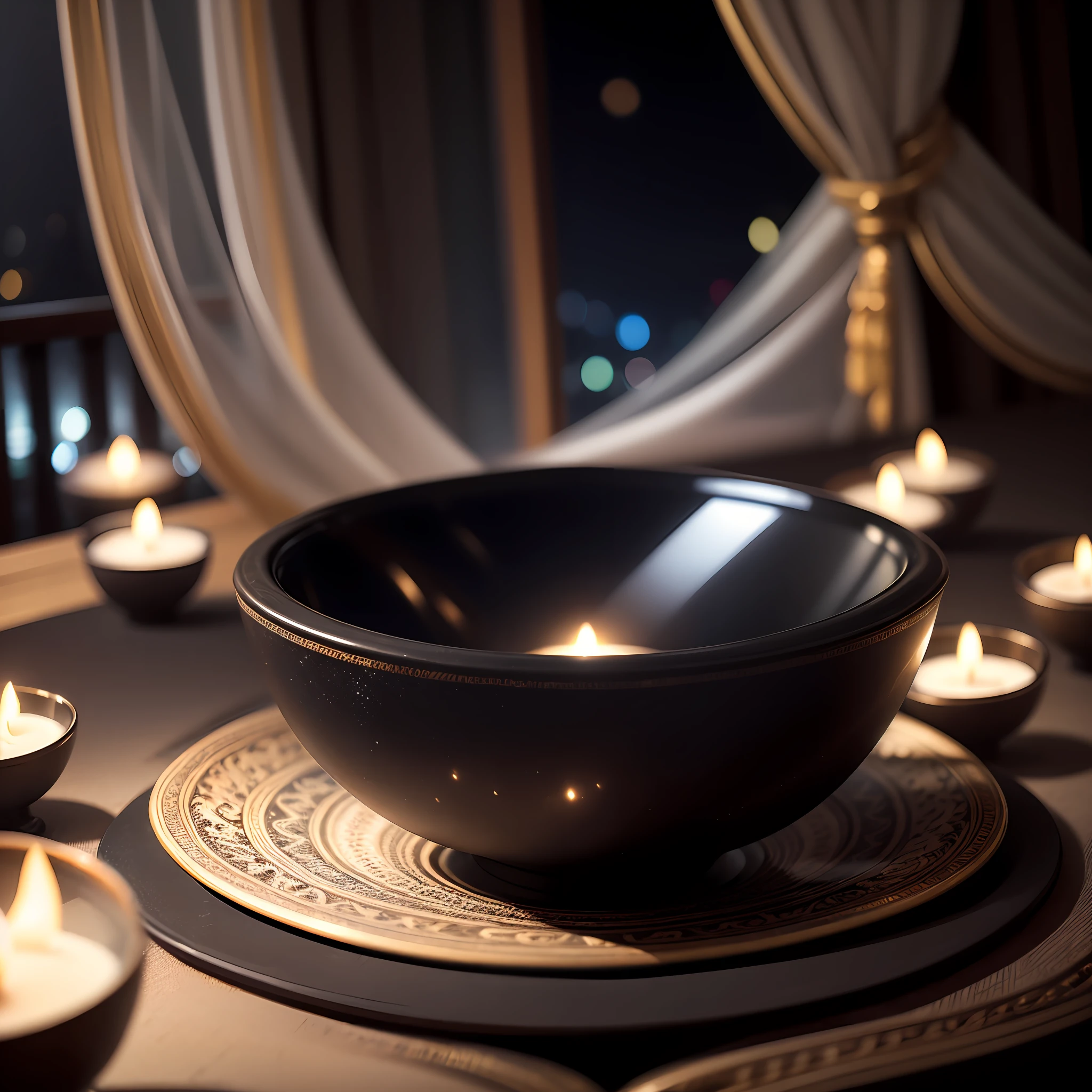 bowl world, night, night view, window, night light, curtains, carved black marble dining table, glass table, depth of field, ((blurred background)),
Masterpiece, the best quality, super delicate, --auto --s2