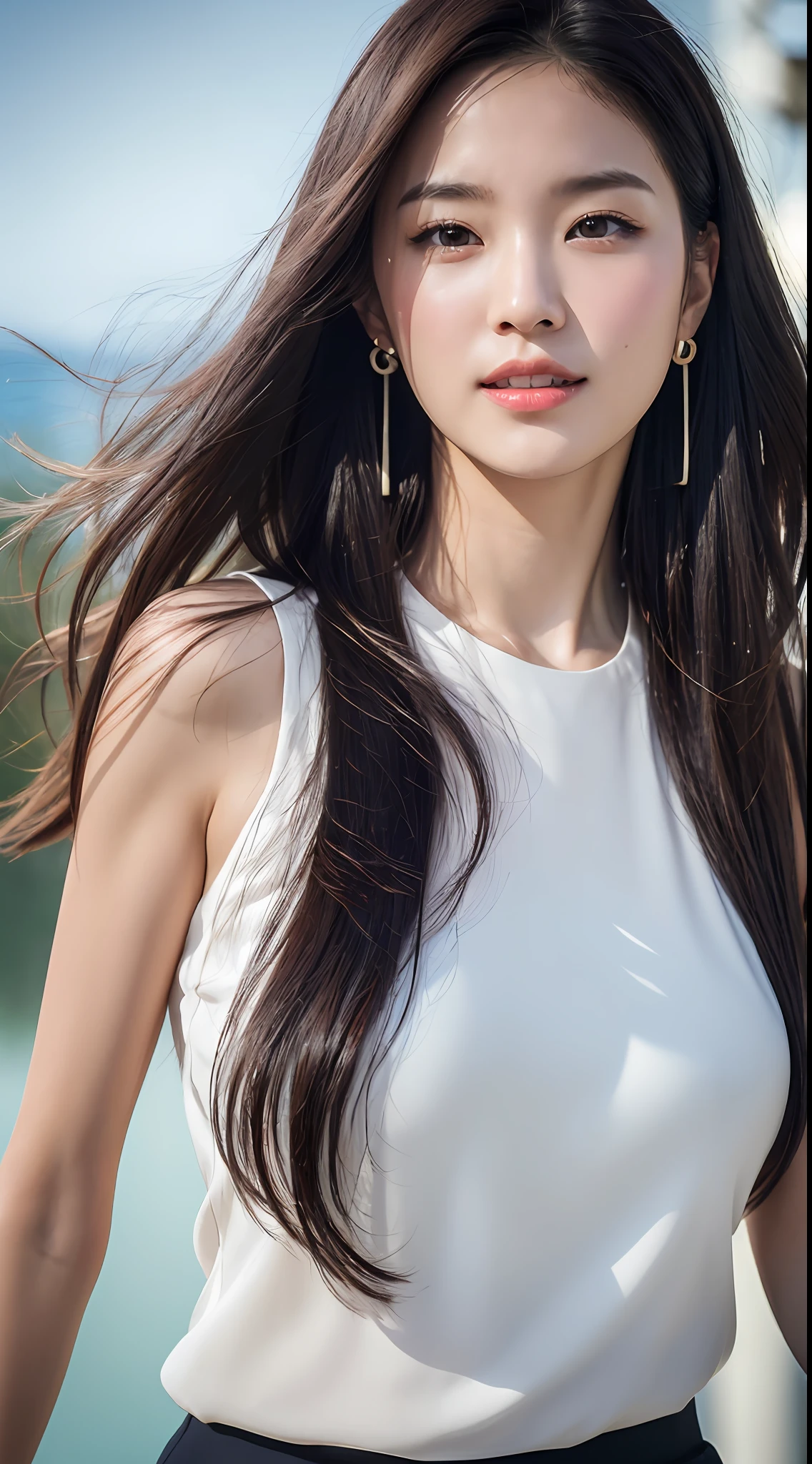 (8k, RAW photos,best quality, high resolution:1.1), (hyperrealistic:1.4),(realistic, photorealistic:1.3), soft light,big breasts,young girl,asian,realistic face,slender body,realistic skin,absurdity,masterpiece,(cute:1.8), detailed black eyes,blusher,cinema light,jewelry,earrings,( medium hair:1.1)),((Floating hair)),Upper body, Open lips, Top teeth, (Smiling eyes:0.6), Depth of field, Blurred background, Eye focus, 85mm Lens, f/1.4,Professional Lighting, Portrait,Photon Mapping,Radiosity,Physically Based Rendering,