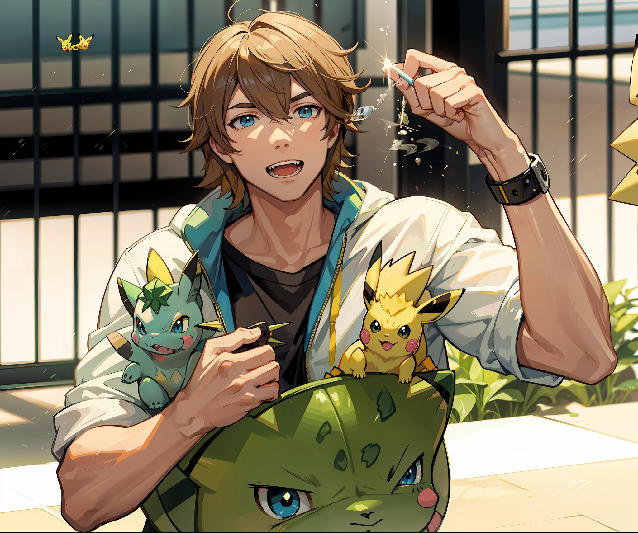 Steve irwin training Pikachu, Vaporeon, Jolteon and Bulbasaur in a Pokemon Gym