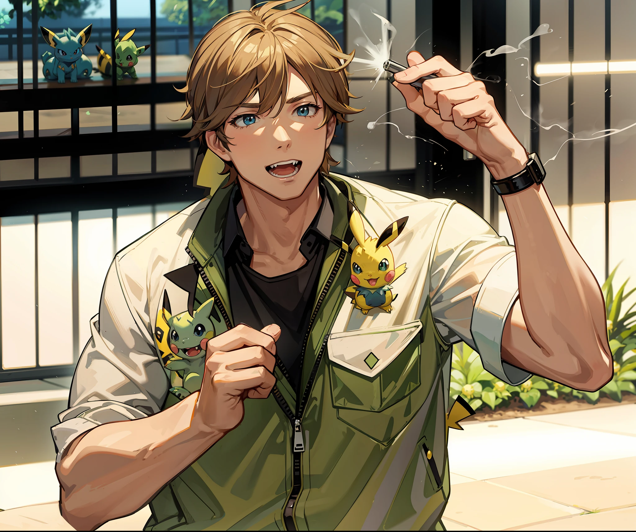 Steve irwin training Pikachu, Vaporeon, Jolteon and Bulbasaur in a Pokemon Gym