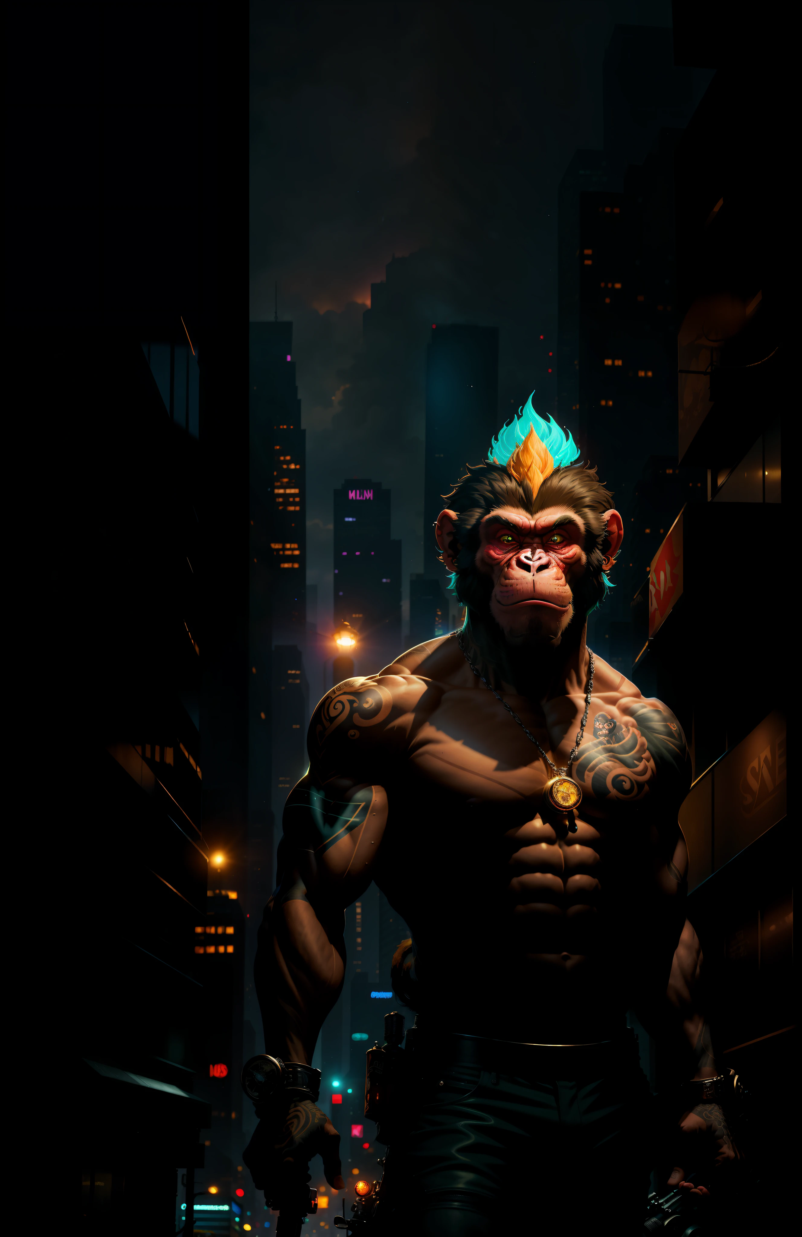 ((best quality)),((ultradetailed)), ((masterpiece)), illustration,

Scene structure: Animal-personified monkey as a gangster, with a monkey face and human body. He has a muscular build and tattoos on his body. He rides a motorcycle in the city, with tall buildings behind him and neon lights flashing.

Prompt composition: Monkey-gangster, animal-personification, motorcycle-riding, tattooed-body, muscular-build, city-scape, tall-buildings, neon-lights