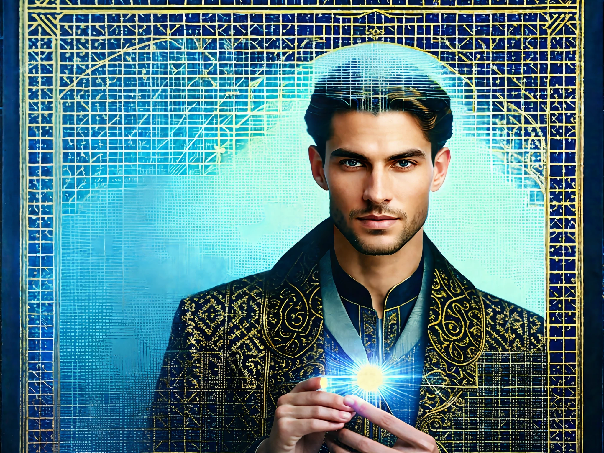 Intricately detailed 3D render of a handsome male fortune teller holding a Tarot card, illuminated with light from the front. The background is bright and airy, adding to the mystical atmosphere of the scene. His serious expression hints at the powerful divination abilities he possesses, making him an intriguing and charismatic figure. Every aspect of the image is highly detailed, from the intricate patterns on his clothing to the sharp focus on his face. This stunning illustration is sure to captivate any viewer. --ar 1:1 --v 5.1
