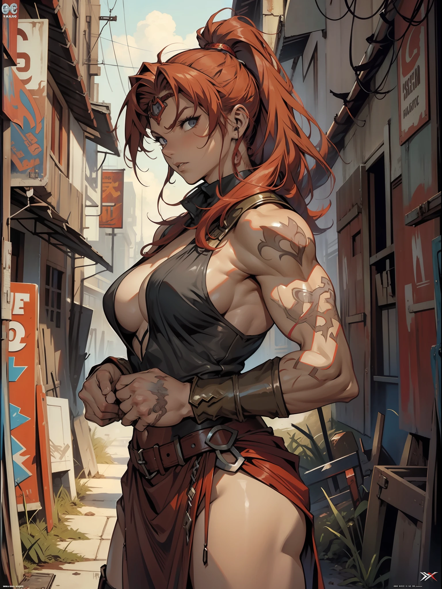 A muscular red-haired female warrior almost naked in Simon Bisley style for the cover of Heavy Metal magazine