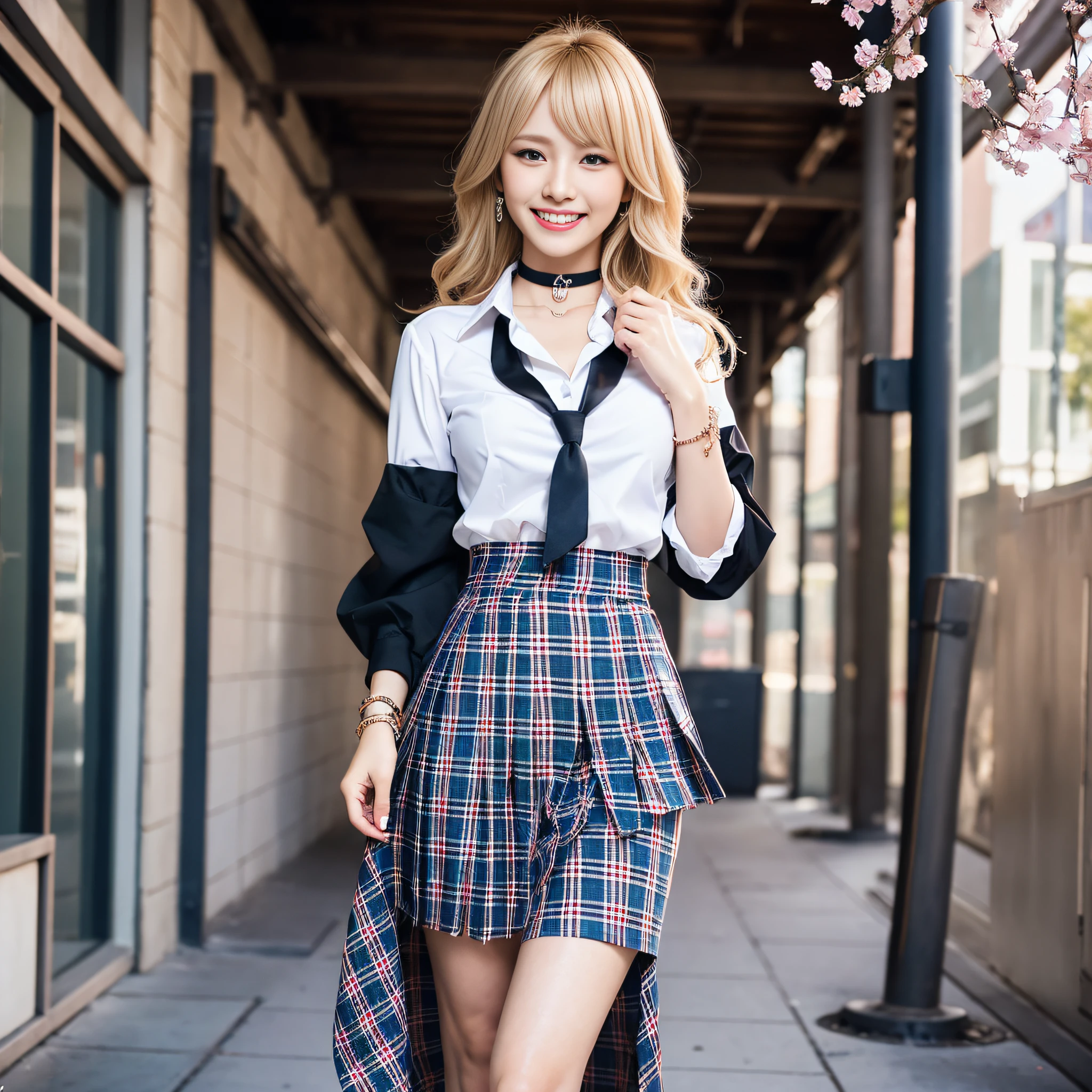 masterpiece, best quality,  full body,
1girl, bangs, black choker, black necktie, blonde hair, blue skirt, blush, bracelet, breasts, choker, clothes around waist, collarbone, collared shirt, cowboy shot, dress shirt, ear piercing, eyebrows visible through hair, gradient hair, grin, gyaru, jewelry, kogal, long hair, looking at viewer, loose necktie, necktie, piercing, plaid, plaid skirt, pleated skirt, red eyes, ring, school uniform, shirt, skirt, smile, solo, white shirt,
street, sky, cherry blossoms, petals,illustration, (magazine:1.3), (cover-style:1.3), fashionable, woman, vibrant, outfit, posing, front, colorful, dynamic, background,  elements, confident, expression, holding, statement, accessory, majestic, coiled, around, touch, scene, text, cover, bold, attention-grabbing, title, stylish, font, catchy, headline, larger, striking, modern, trendy, focus, fashion,