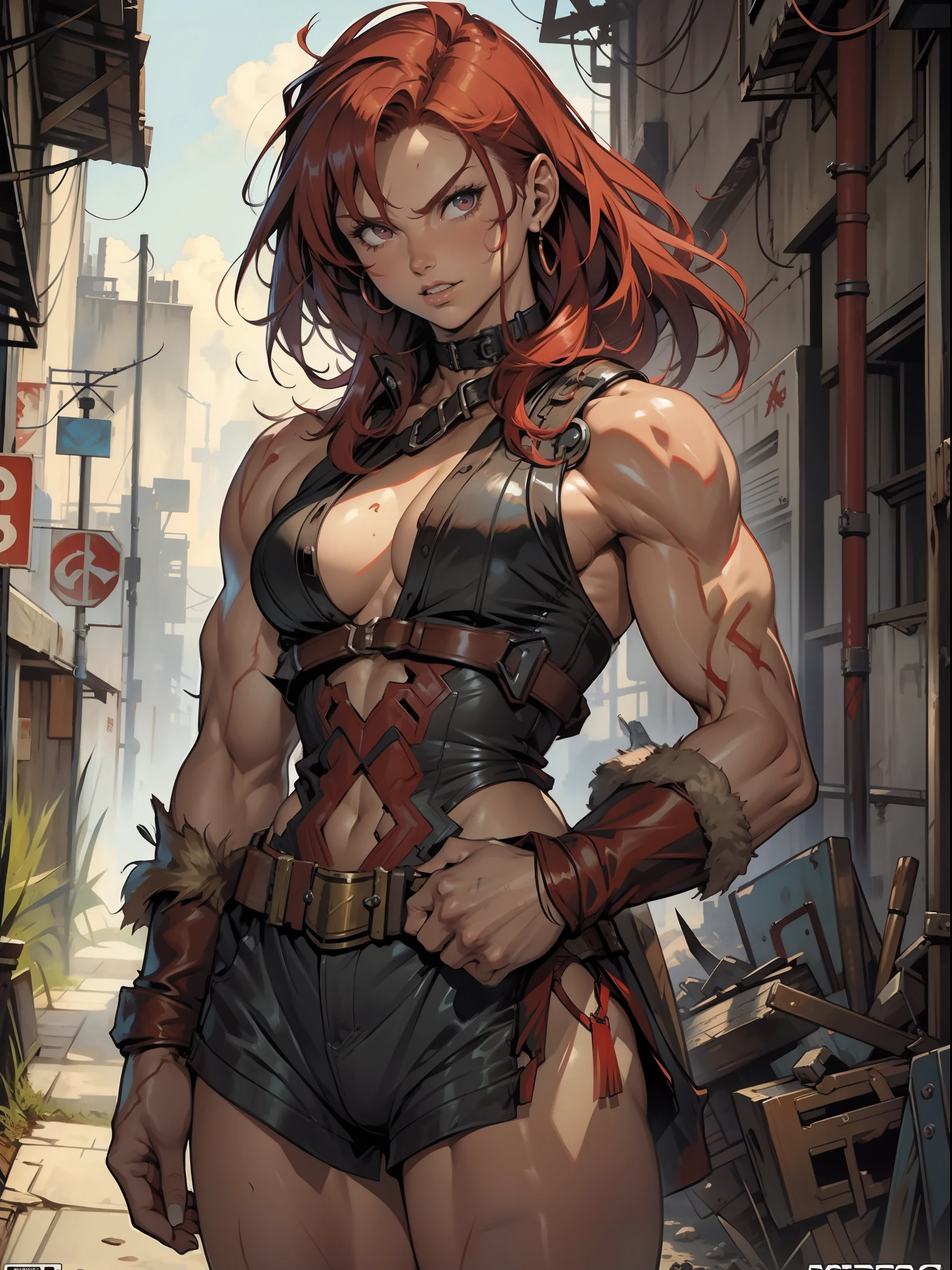A muscular red-haired female warrior almost naked in Simon Bisley style for the cover of Heavy Metal magazine