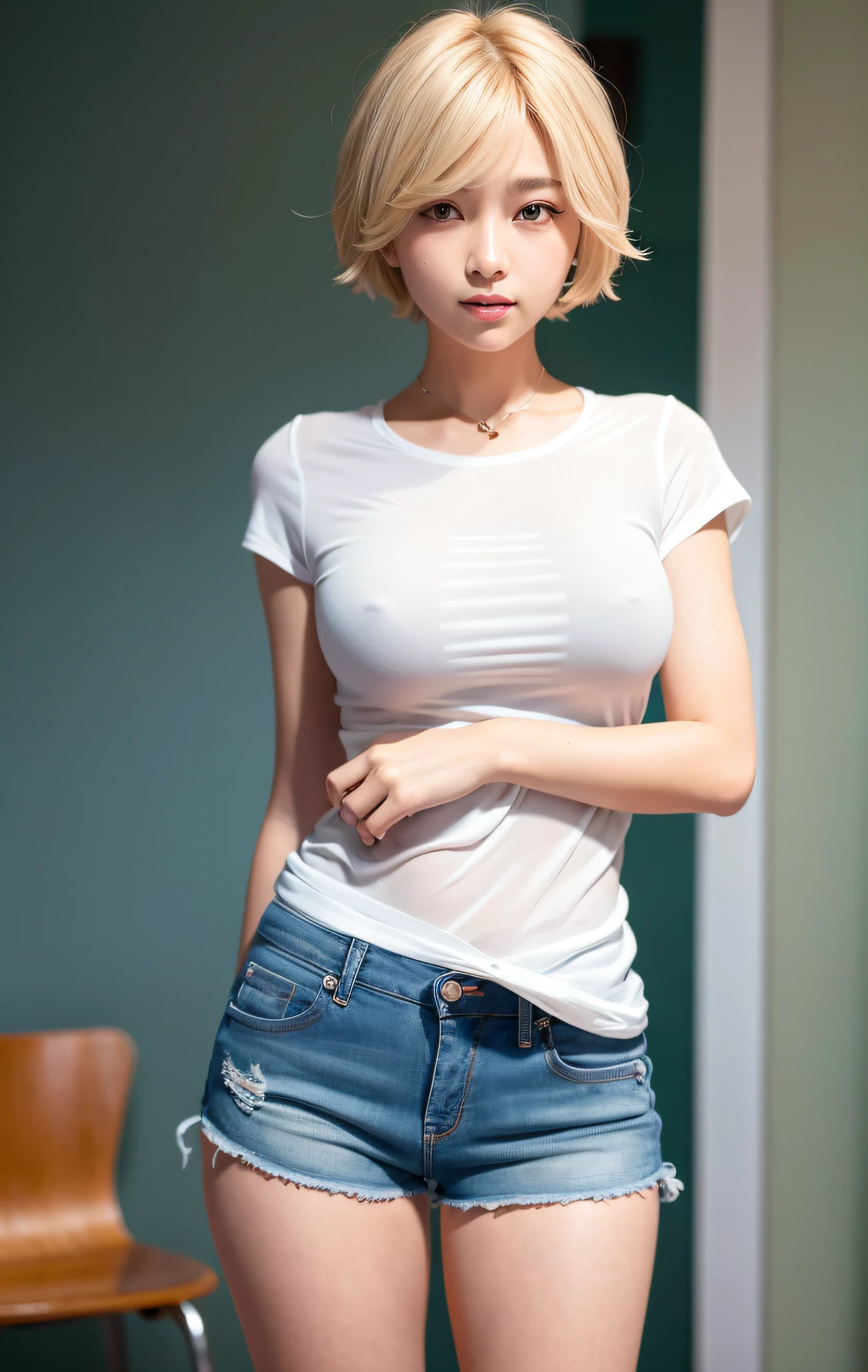 masterpiece, top quality, official art, highly detailed CG unity 8k wallpaper, single girl, ultra high resolution, (photorealistic: 1.4), golden hour lighting, (upper body), high school uniform (Kpop Idol), (charm: 1), (platinum short hair: 0.8), (puffy eyes)), looking at viewer, facing forward, smiling, laughing,middle chest, shirt liftshort hair