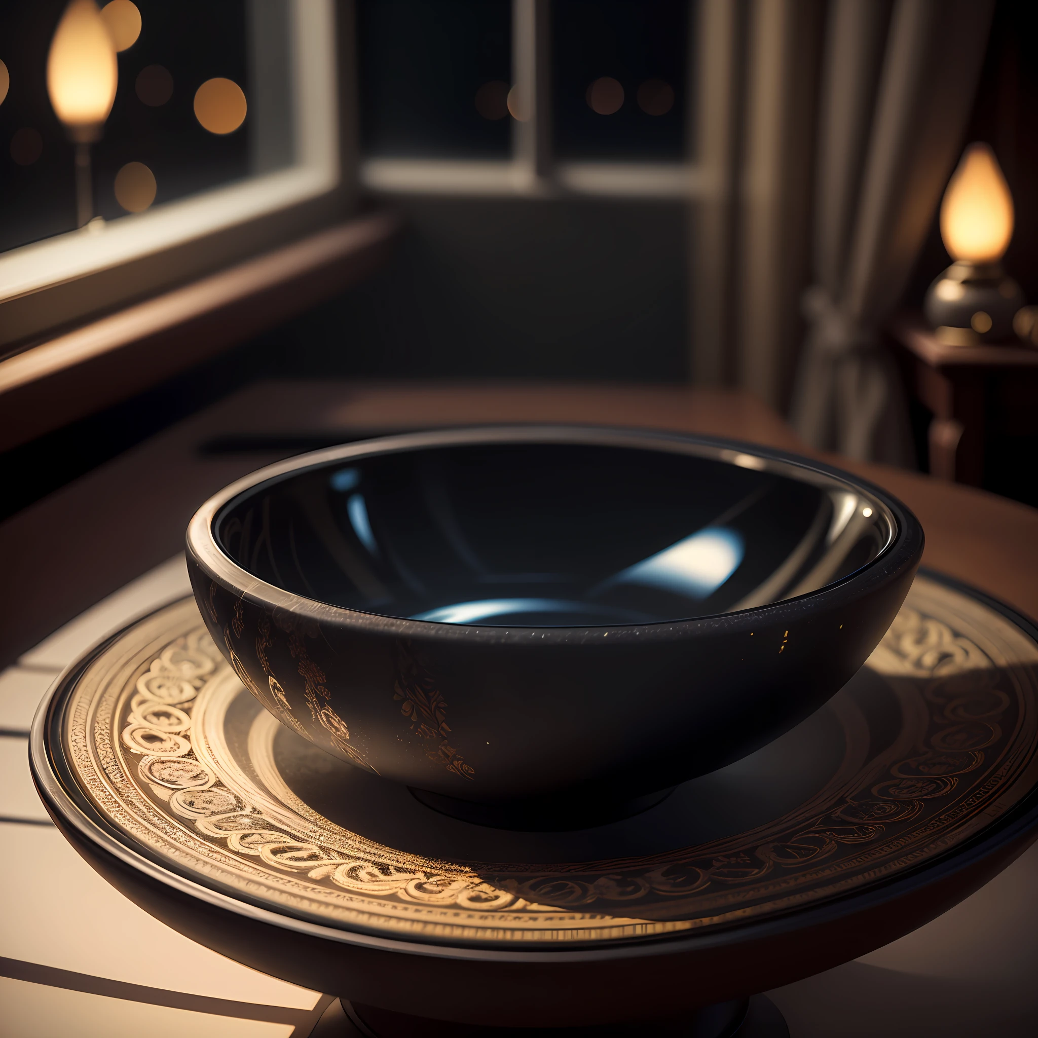 bowl world, night, night view, window, night light, curtains, carved black marble dining table, glass table, depth of field, ((blurred background)),
Masterpiece, the best quality, super delicate, --auto --s2