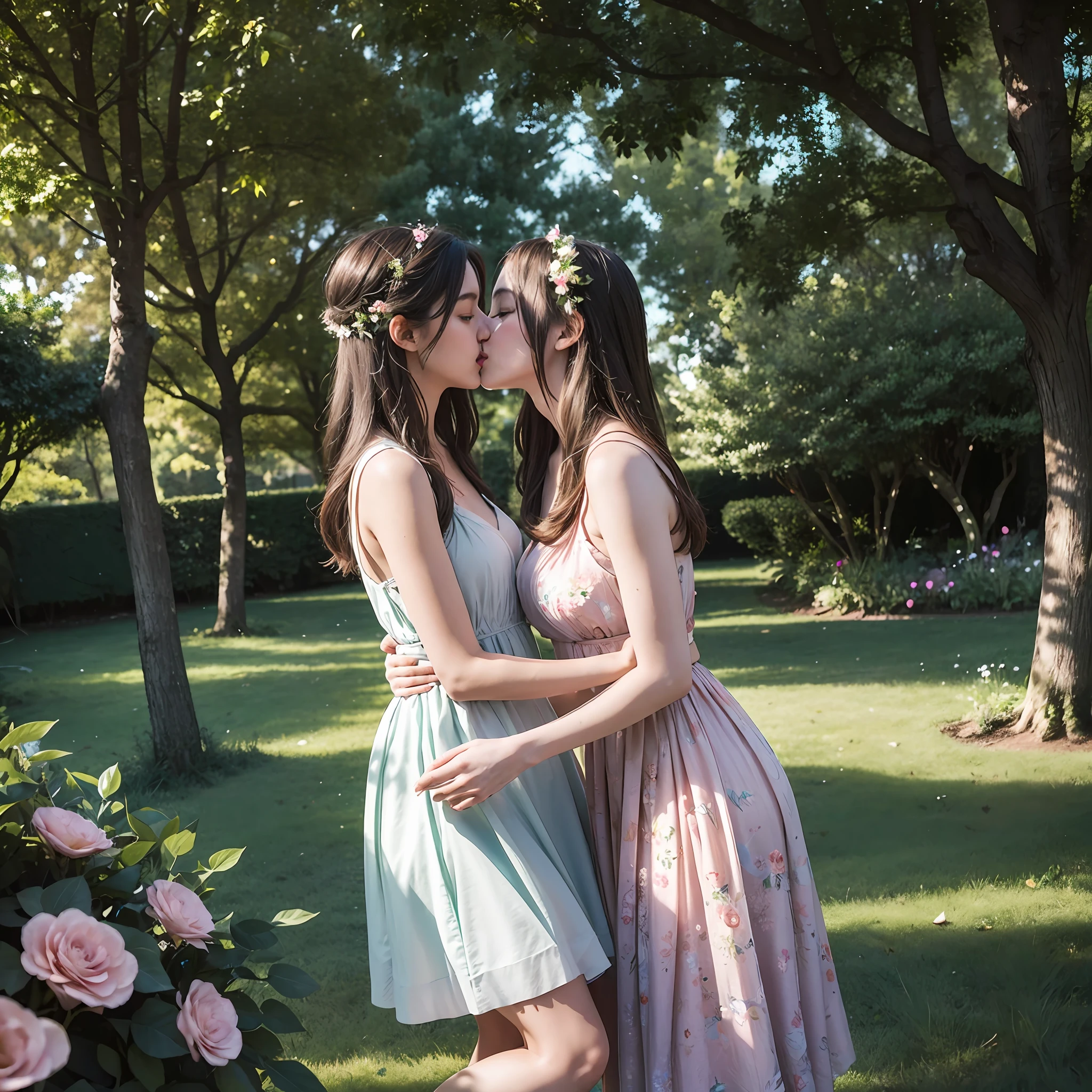 Two girls intensely kissing in a flowery garden surrounded by trees, with filtered sunlight and a romantic air, displaying soft and natural gestures and emotions.