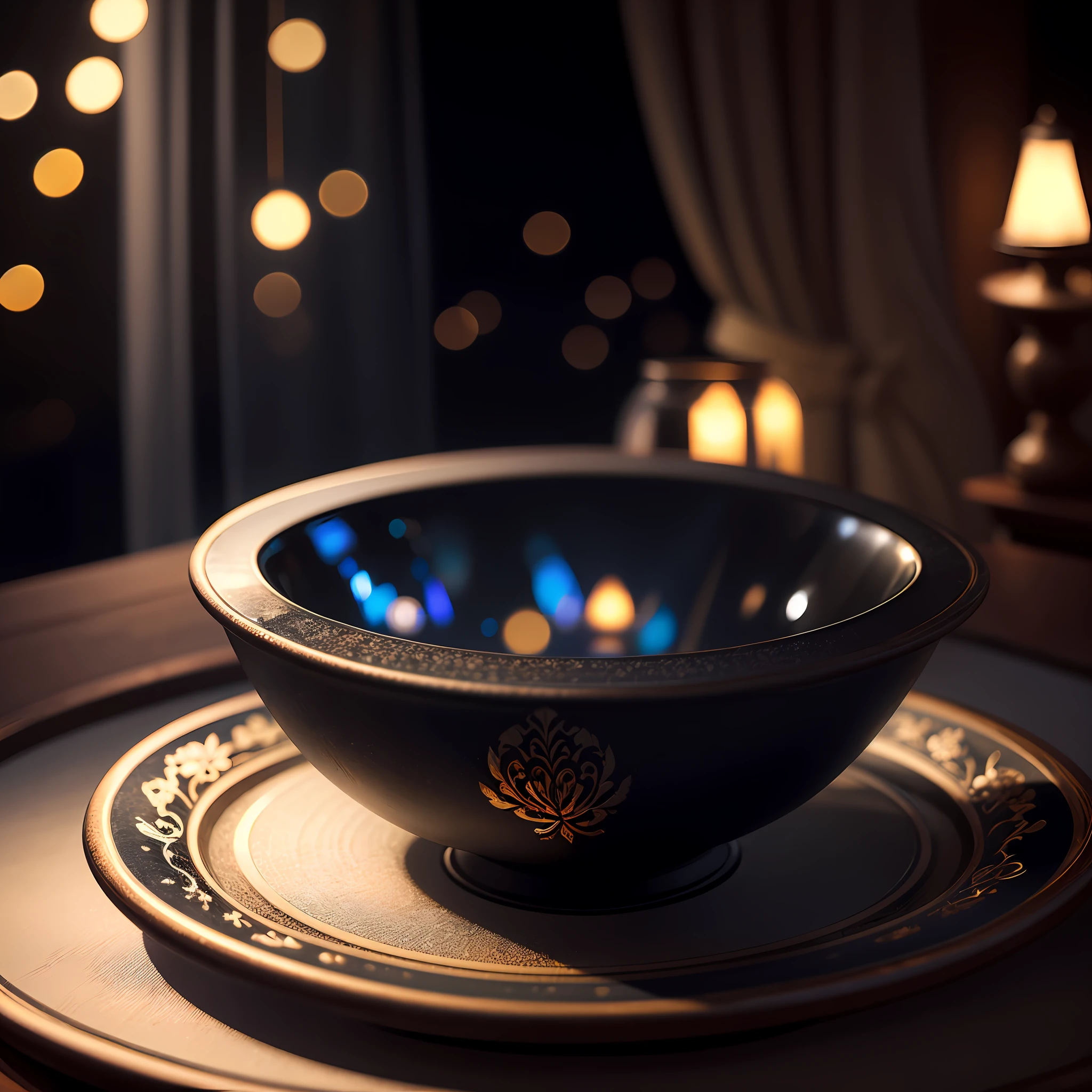 bowl world, night, night view, window, night light, curtains, carved black marble dining table, glass table, depth of field, ((blurred background)),
Masterpiece, the best quality, super delicate, --auto --s2