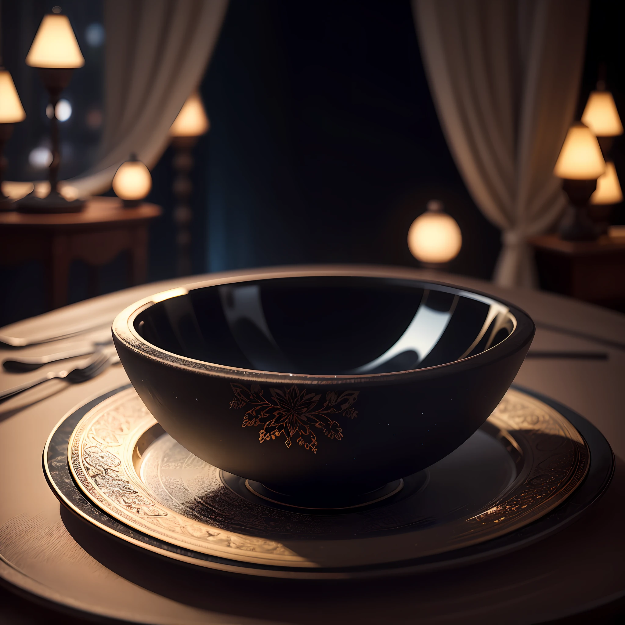 bowl world, night, night view, window, night light, curtains, carved black marble dining table, glass table, depth of field, ((blurred background)),
Masterpiece, the best quality, super delicate, --auto --s2