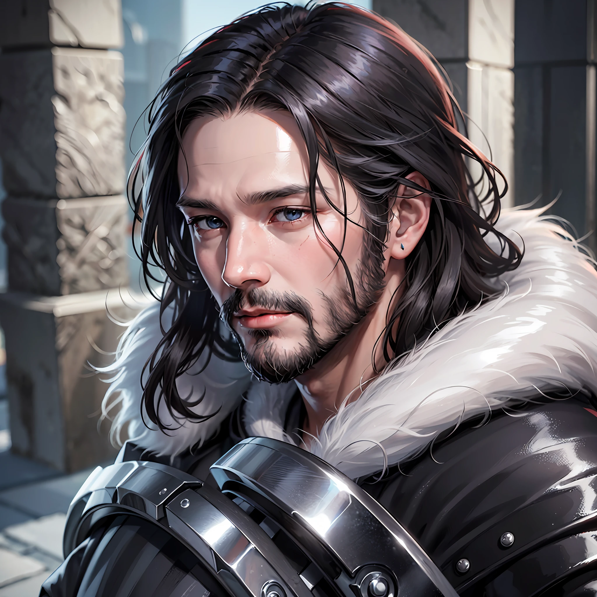 A close-up of a man with long hair and beard, handsome boy in a fantasy world, his eyes are red and bright, his eyes bright red like intense blood, Aragorn in an anime world, detailed fanart, John Snow, Johnny Silverhand, Caleb from Critical Role, Jon Snow, avatar image, Demon Slayer Rui fanart,  Keanu Reeves as Geralt of Rivia, black armor like obsidian and a black bear skin as a cape, background of a cold forest in winter, 30:(3 0) year old man, man with 2 scars on his face, diagonally shaped scar on his face, scar on the cheek, scars of animal claws --auto --s2