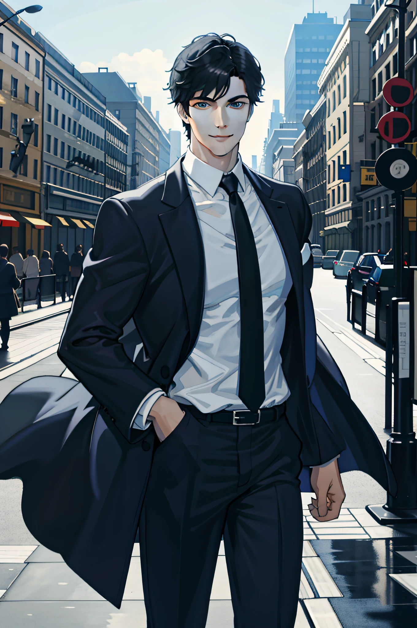 masterpiece, best quality, 1 male, adult, handsome, tall muscular guy, broad shoulders, finely detailed eyes and detailed face, extremely detailed CG unity 8k wallpaper, intricate details, very short hair, best ratio four finger and one thumb, neat suit and coat, modern urban scenery, street, skyscraper, afternoon, best light and shadow, smile, pomade, depth of field