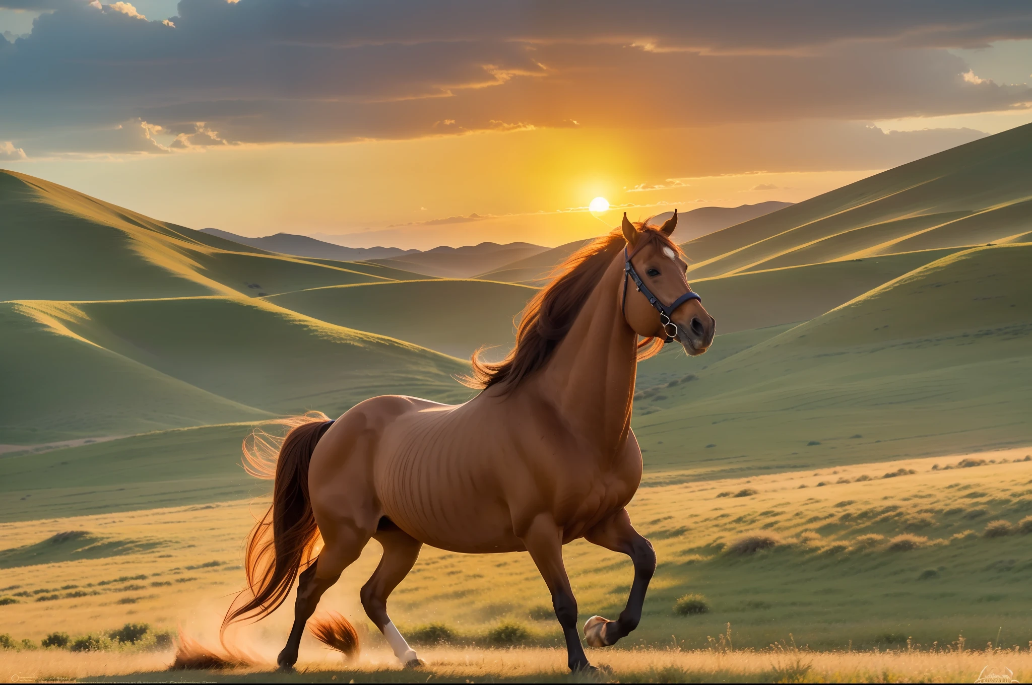 A brown-red horse galloped across the steppe in the setting sun, full limbs, long mane,