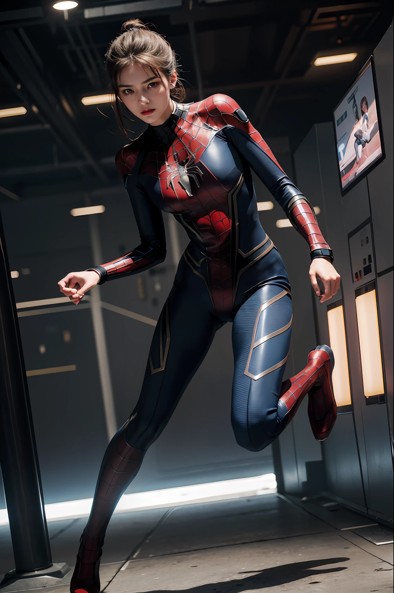 Top quality, delicate face, (((full body)), 20-year-old woman, (beautiful face)), slim body, metal body, (airfield), full body special equipment, spider-man suit, (jumping high), weightless posture, mid-air, small bust, cyberpunk, sci-fi, scouter