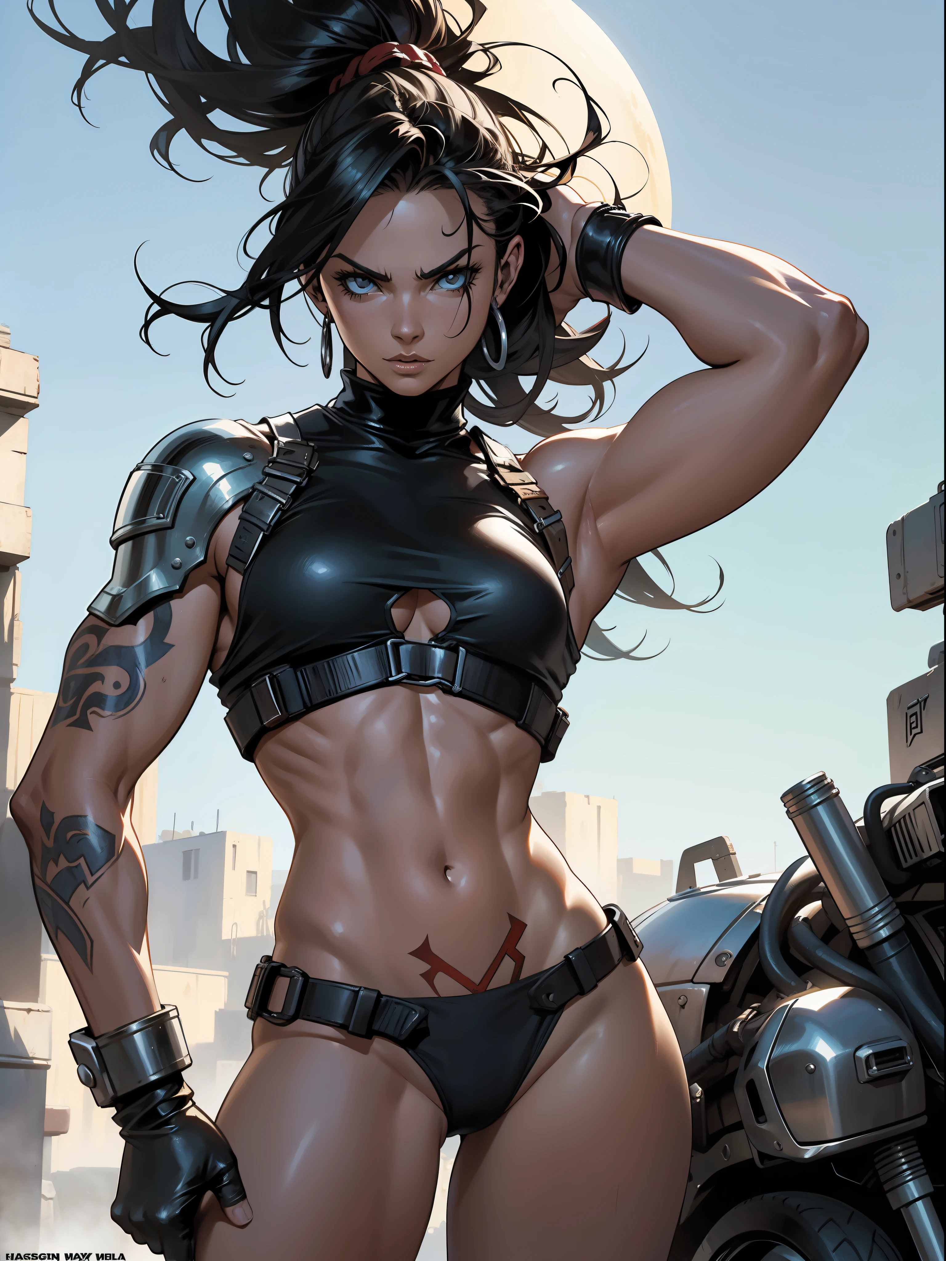 A muscular female warrior almost naked in the Simon Bisley style for the cover of Heavy Metal magazine