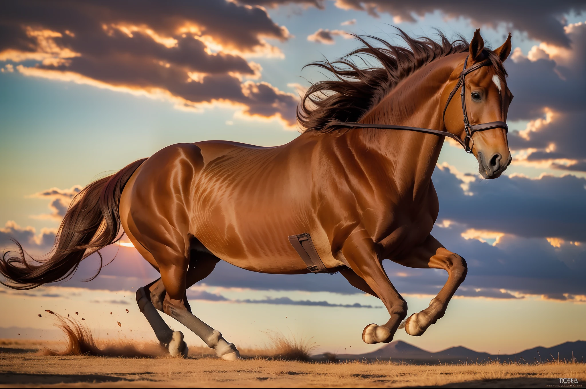 A brown-red horse galloped across the steppe in the setting sun, full limbs, long mane,