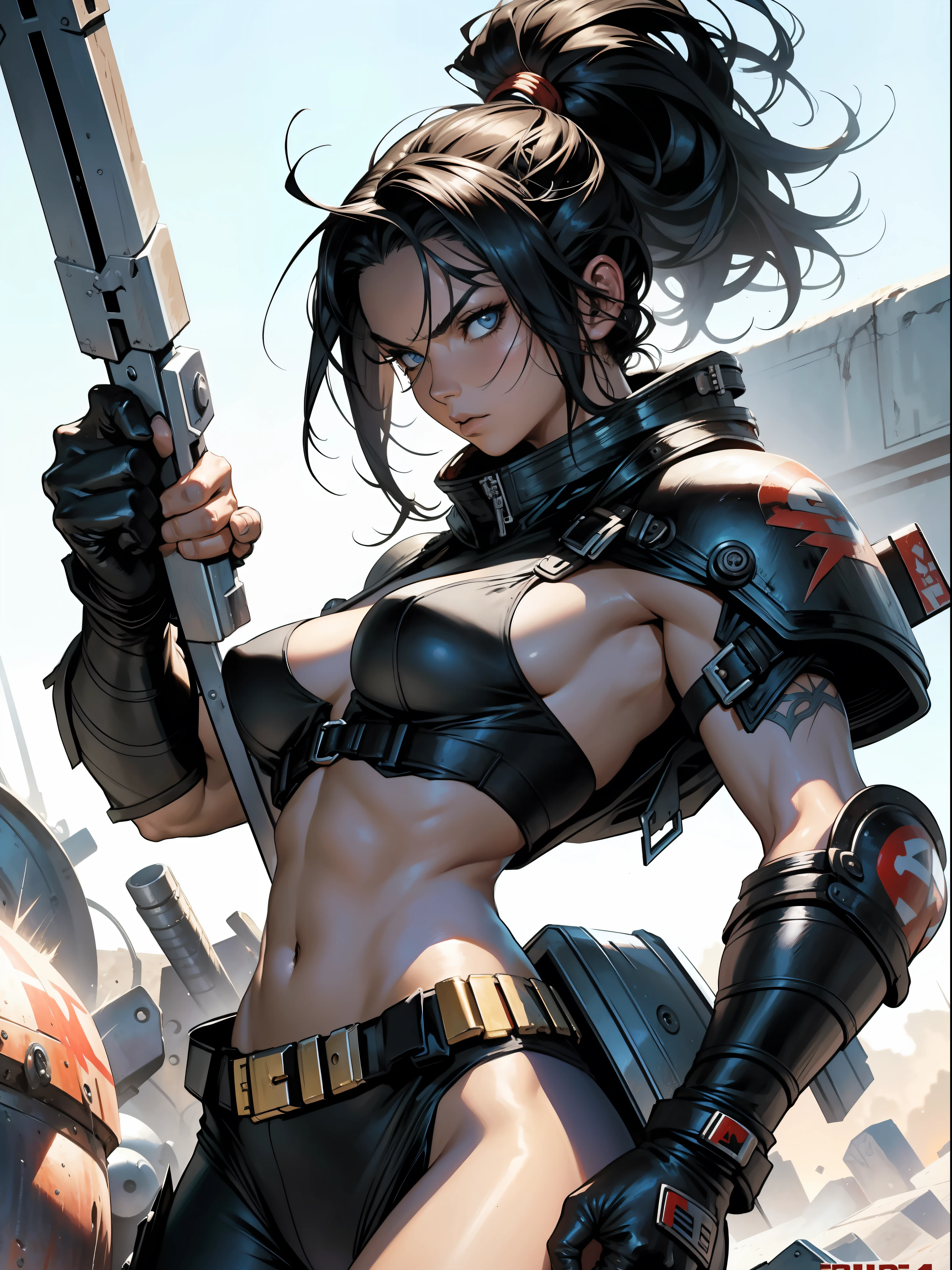 A muscular female warrior almost naked in the Simon Bisley style for the cover of Heavy Metal magazine