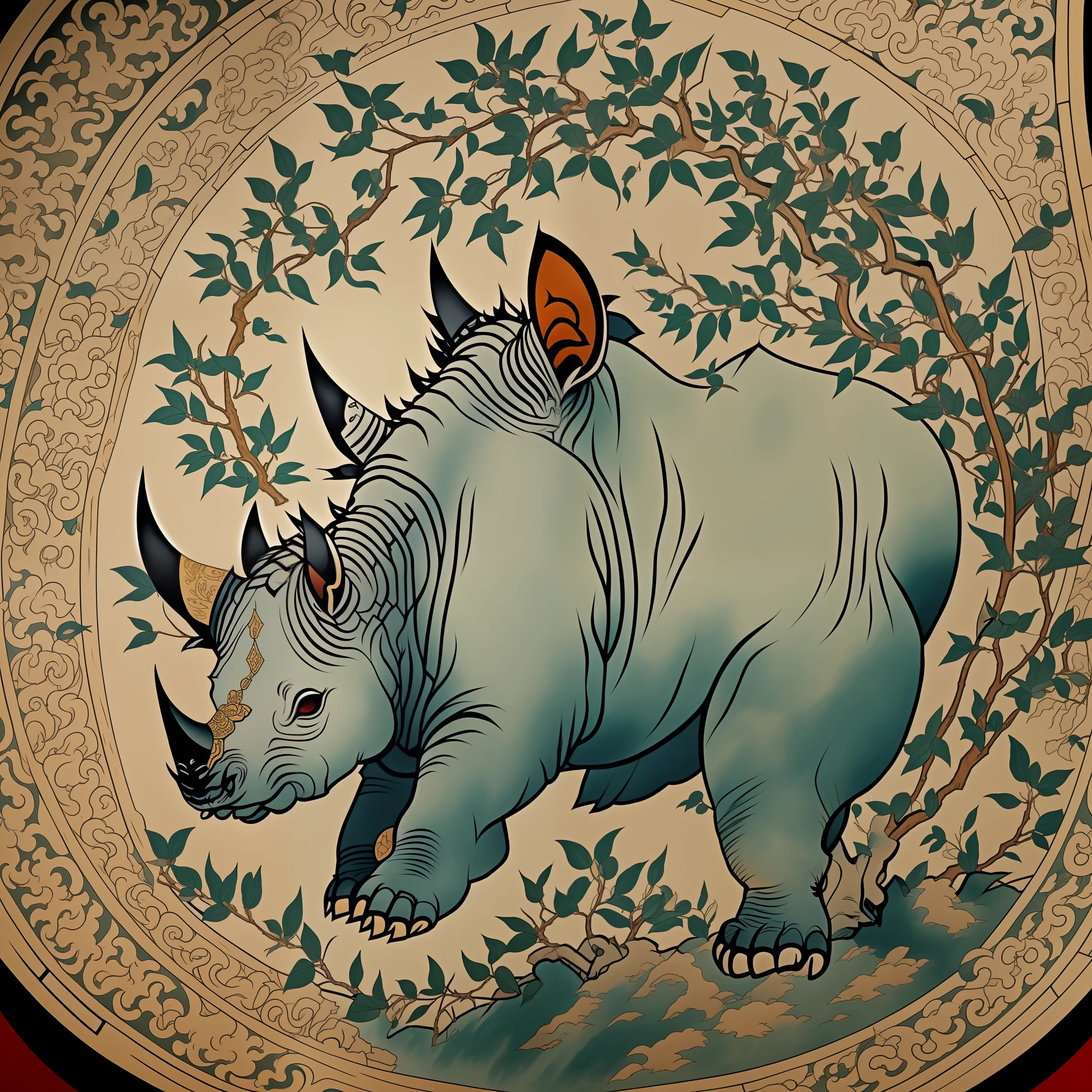 Close-up of an ancient Chinese adult rhinoceros, the main body is a black rhinoceros, horns on the nose, mural, fierce expression, Asura in Chinese mythology, ancient Chinese art style, Wen Boren, black Chinese rhino fantasy, mythical creatures, Chinese rhino concept art, ancient Chinese gorgeous, Chinese mythology, ink flowers, inspired by Puhua, an ancient creature, qigong, single close-up, with body, Qing dynasty painting, traditional painting, intricate detail painting, the best quality, masterpiece, very delicate and beautiful