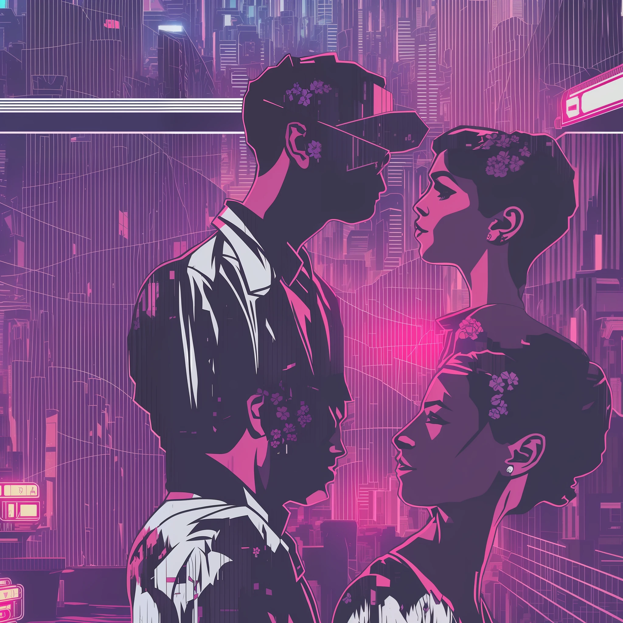 Make a drawing scene in the vaporwave style, of a young man in a black suit and white shirt, and a woman in a white dress, the two are very dirty with blood, they are in a subway station, between the woman and the man there is a beautiful bouquet of flowers on the floor, the lighting is red and dark,  There are cyberpunk neon lights, there is a cyberpunk train, high quality, lots of cyberpunk details, ensure that the man and woman are the center of the scene