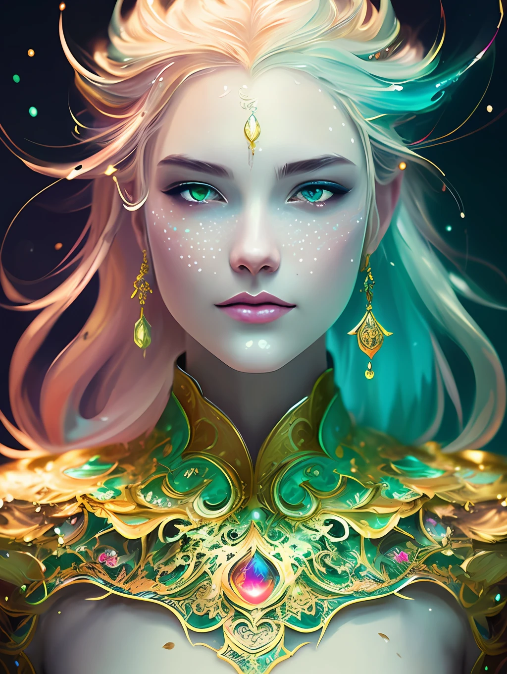 splash art, a close up liquid luminous gorgeous lady made of colors, golden, white pastel green silver, filigree, filigree detailed , , color drops, coloe waves, splash style of colorful paint, hyperdetailed intricately detailed, unreal engine, fantastical, intricate detail, splash screen, complementary colors, fantasy, concept art, 8k resolution, deviantart masterpiece, oil painting, heavy strokes, paint dripping, splash arts, , fantasy art, by Yanjun Cheng, guweiz, by atey ghailan, Greg Rutkowski, greg tocchini,, Sakimichan , Bowater, artgerm, wlop. concept art, centered composition perfect composition, centered, intricated pose, intricated, looking to the viewer