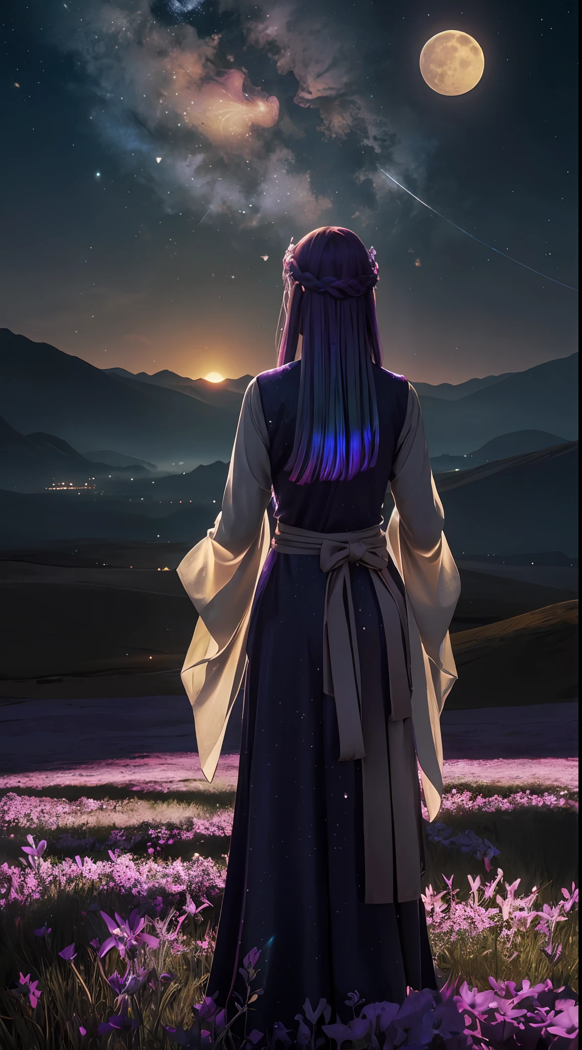 Vast landscape photos, (from below, the sky above, open fields below), a girl standing on a flower field looking up with a guitar on her back, (Full Moon: 1.2), (Meteor: 0.9), (Nebula: 1.3), Distant Mountains, Trees BREAK Making Art, (Warm Light Source: 1.2), (Firefly: 1.2), Lamps, Lots of Purple and Orange, Intricate Details, Volumetric Lighting BREAK (Masterpiece: 1.2), (Best Quality), 4K, Ultra Detailed, (Dynamic Composition: 1.4), Detailed, Colorful, (Iridescent: 1.2), (Glow, Atmospheric Lighting), Dreamy, Fantastic, (Solo: 1.2), Firefly, Chinese White Hanfu, Hairstyle Bangs