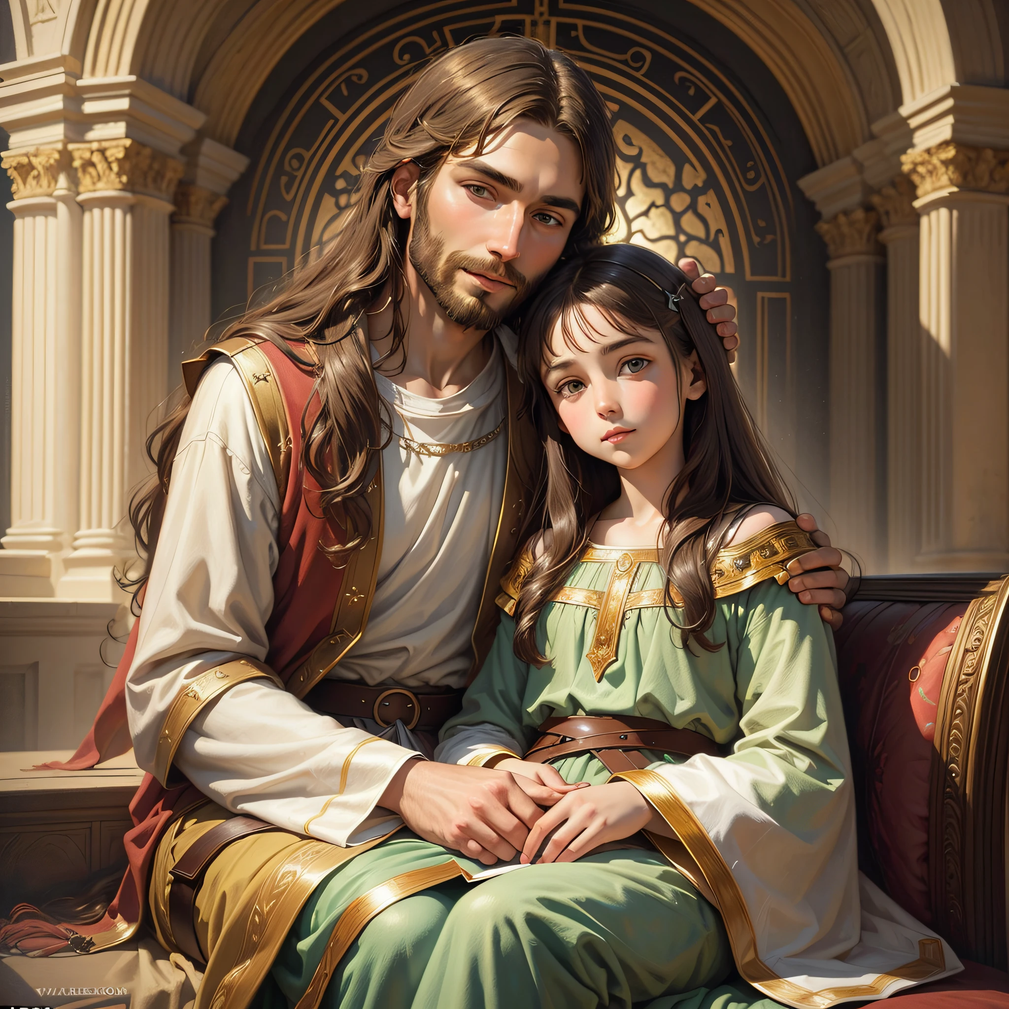 Jesus Christ with young brunette girl on his lap, Christian art, high quality, highly detailed, (heavenly bodies), painting, in the style of Greg Olsen --auto --s2