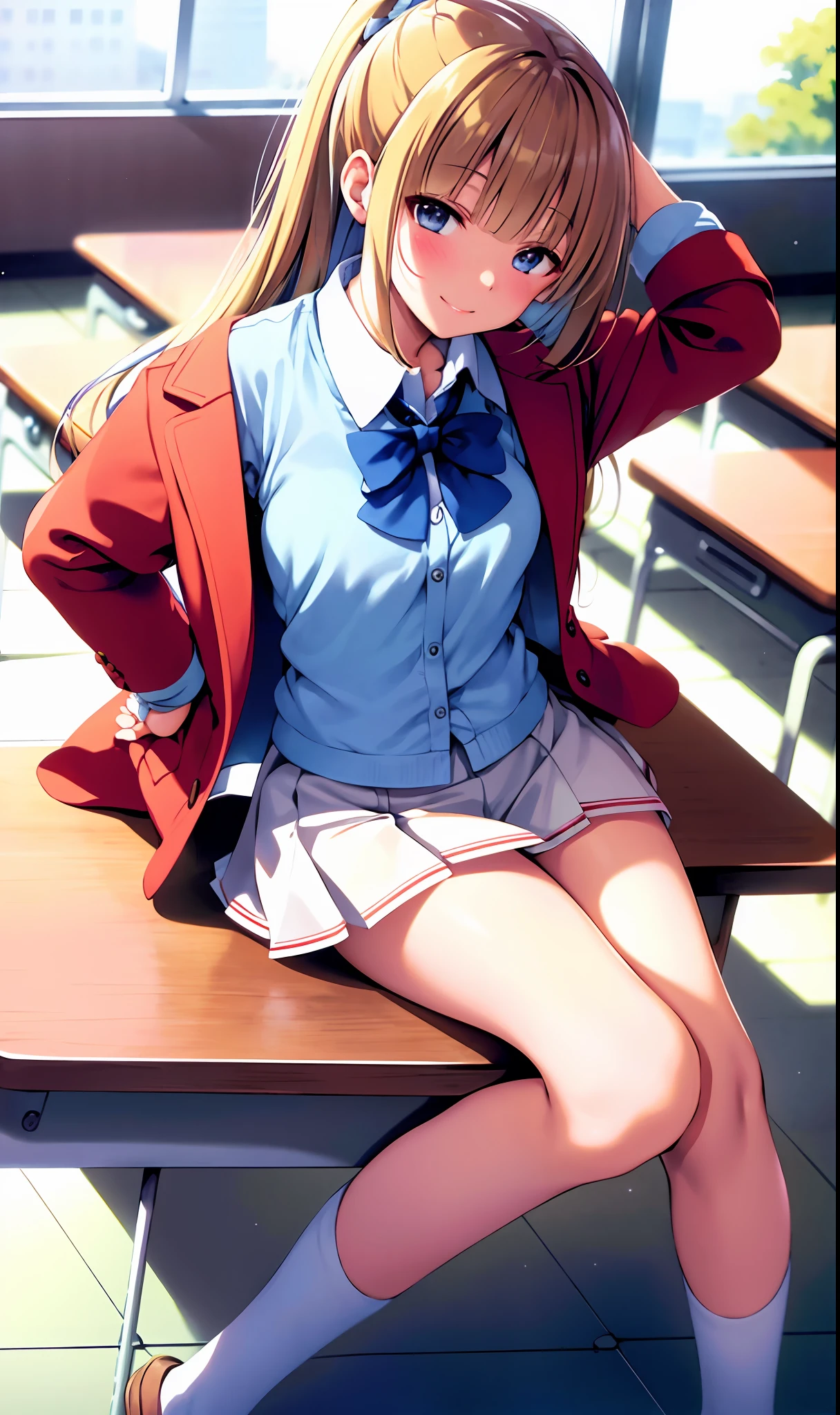 (masterpiece), (best quality), (illustration), (beautiful detailed), (highres), (youjitsukei), white skirt, brown footwear, miniskirt, pleated skirt, red jacket, looking at viewer, table, chair, arms behind head, sitting, sunset, (school uniform), white shirt, smile, blush, indoors, window, [building], classroom, table, (coffee:0.5),