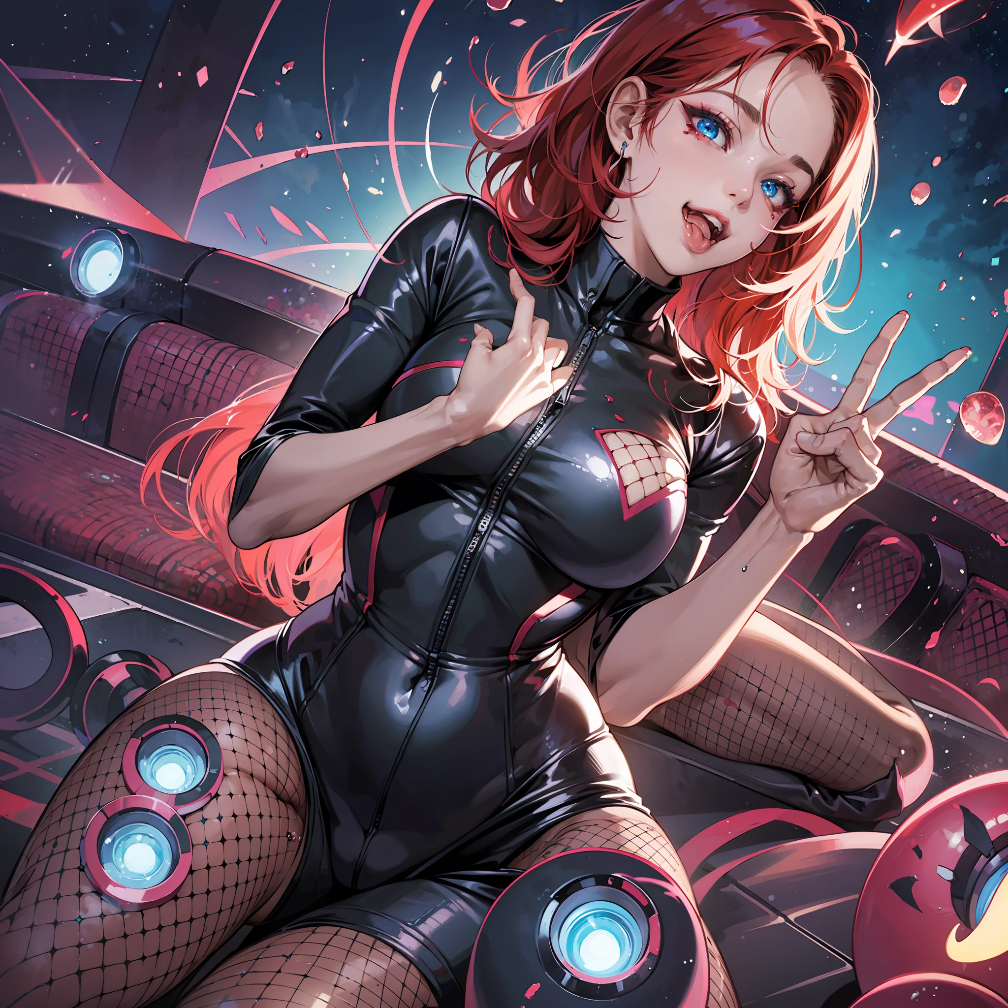 Succubus, dark skin, glowing womb tattoo, fishnet bodysuit, ahegao face, saliva dripping, peace sign with both hands, on knees, looking excited I to camera, red hair, blue eyes, masterpiece, ultrarealistic anime art style --auto --s2