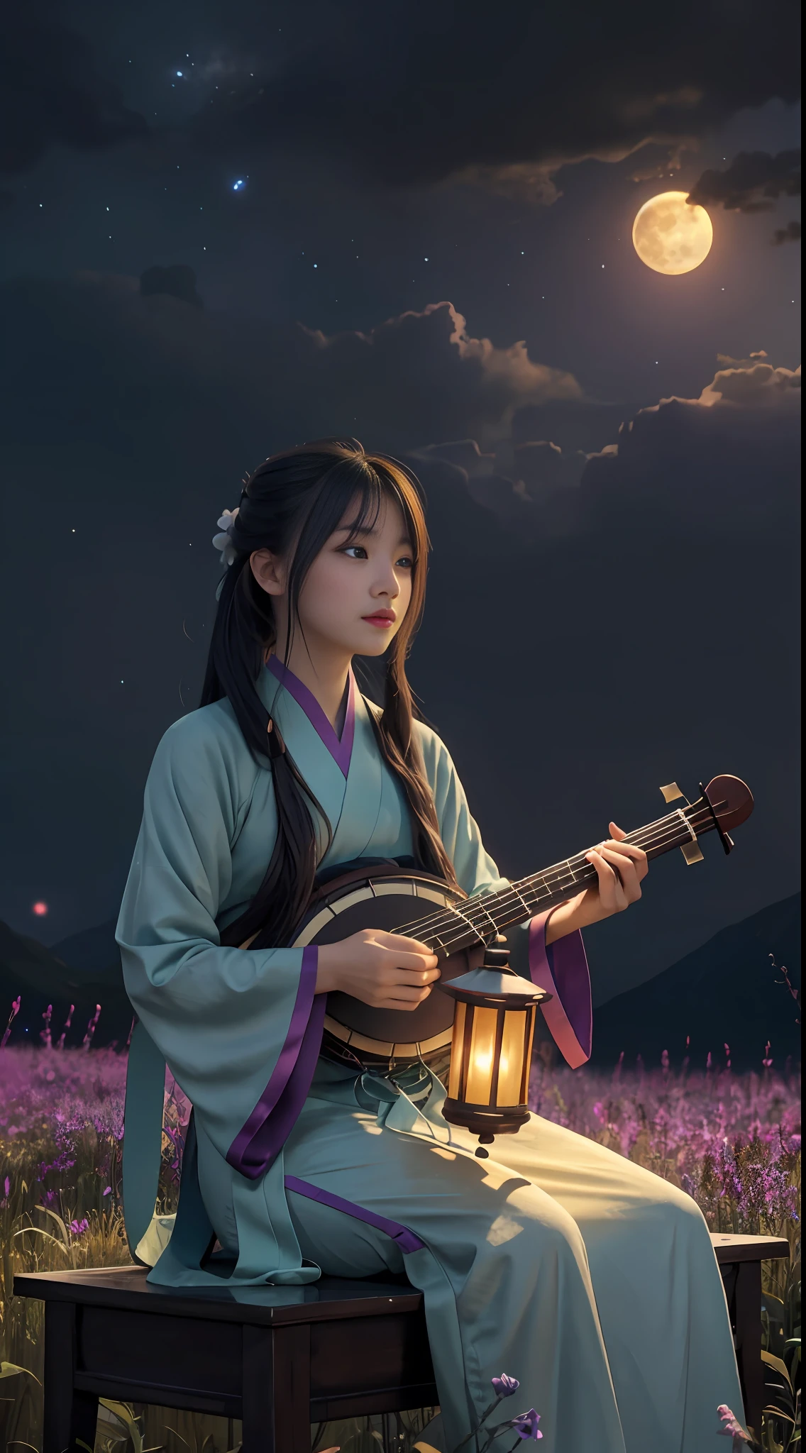 Vast landscape photos, (from below, sky above, open field below), a girl standing on a flower field looking up with a zither, (Full Moon: 1.2), (Meteor: 0.9), (Nebula: 1.3), distant mountains, Trees BREAK Making Art, (Warm Light Source: 1.2), (Firefly: 1.2), lamps, lots of purple and orange, intricate details, volumetric lighting BREAK (Masterpiece: 1.2), (Best Quality), 4k, Ultra Detailed, (Dynamic Composition: 1.4), Detailed, Colorful, (Rainbow: 1.2), (Glow, Atmospheric Lighting), Dreamy, Magical, (Solo: 1.2), Firefly, Chinese White Hanfu, Hairstyle Bangs, Seated, Playing Guzheng, Guzheng, Guqin
