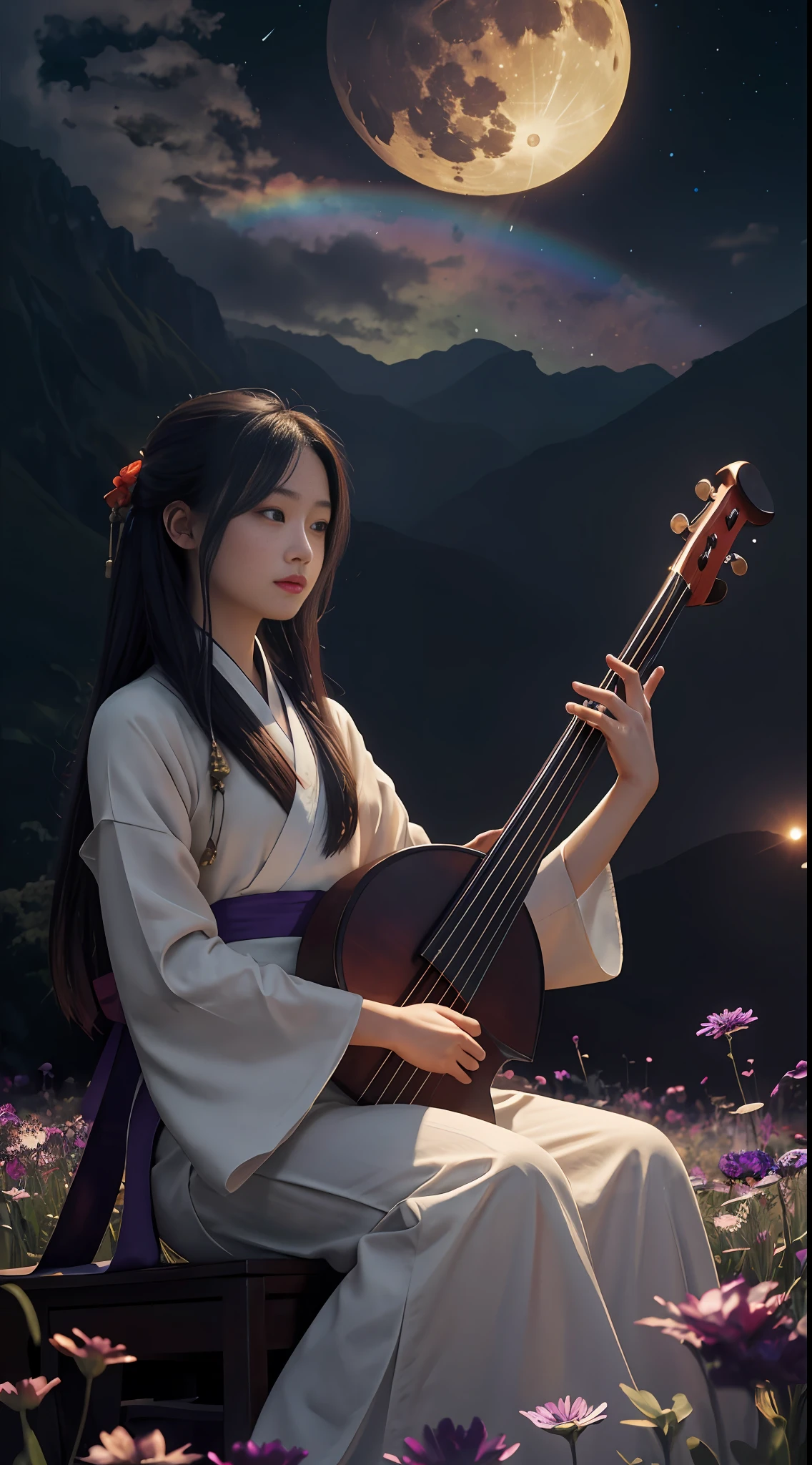 Vast landscape photos, (from below, sky above, open field below), a girl standing on a flower field looking up with a zither, (Full Moon: 1.2), (Meteor: 0.9), (Nebula: 1.3), distant mountains, Trees BREAK Making Art, (Warm Light Source: 1.2), (Firefly: 1.2), lamps, lots of purple and orange, intricate details, volumetric lighting BREAK (Masterpiece: 1.2), (Best Quality), 4k, Ultra Detailed, (Dynamic Composition: 1.4), Detailed, Colorful, (Rainbow: 1.2), (Glow, Atmospheric Lighting), Dreamy, Magical, (Solo: 1.2), Firefly, Chinese White Hanfu, Hairstyle Bangs, Seated, Playing Guzheng, Guzheng, Guqin