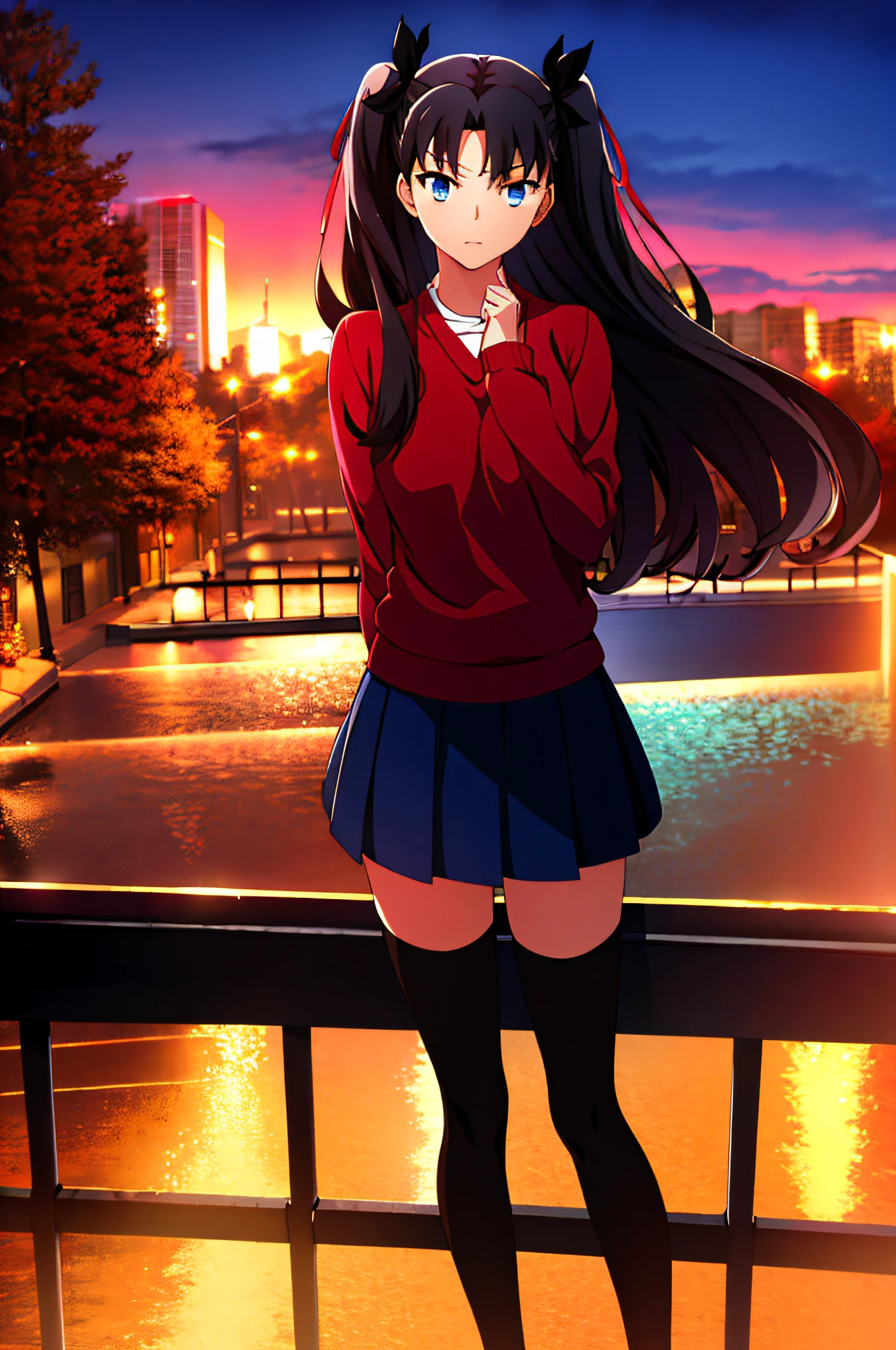 (masterpiece:1.4), (best quality:1.4), 1girl,
tohsaka rin, blue eyes, black hair, long hair, skirt, two side up, black skirt, red sweater, thighhighs, hair ribbon, pleated skirt, long sleeves, brown footwear,
looking at viewer, upper body,
city, cityscape, sky, night