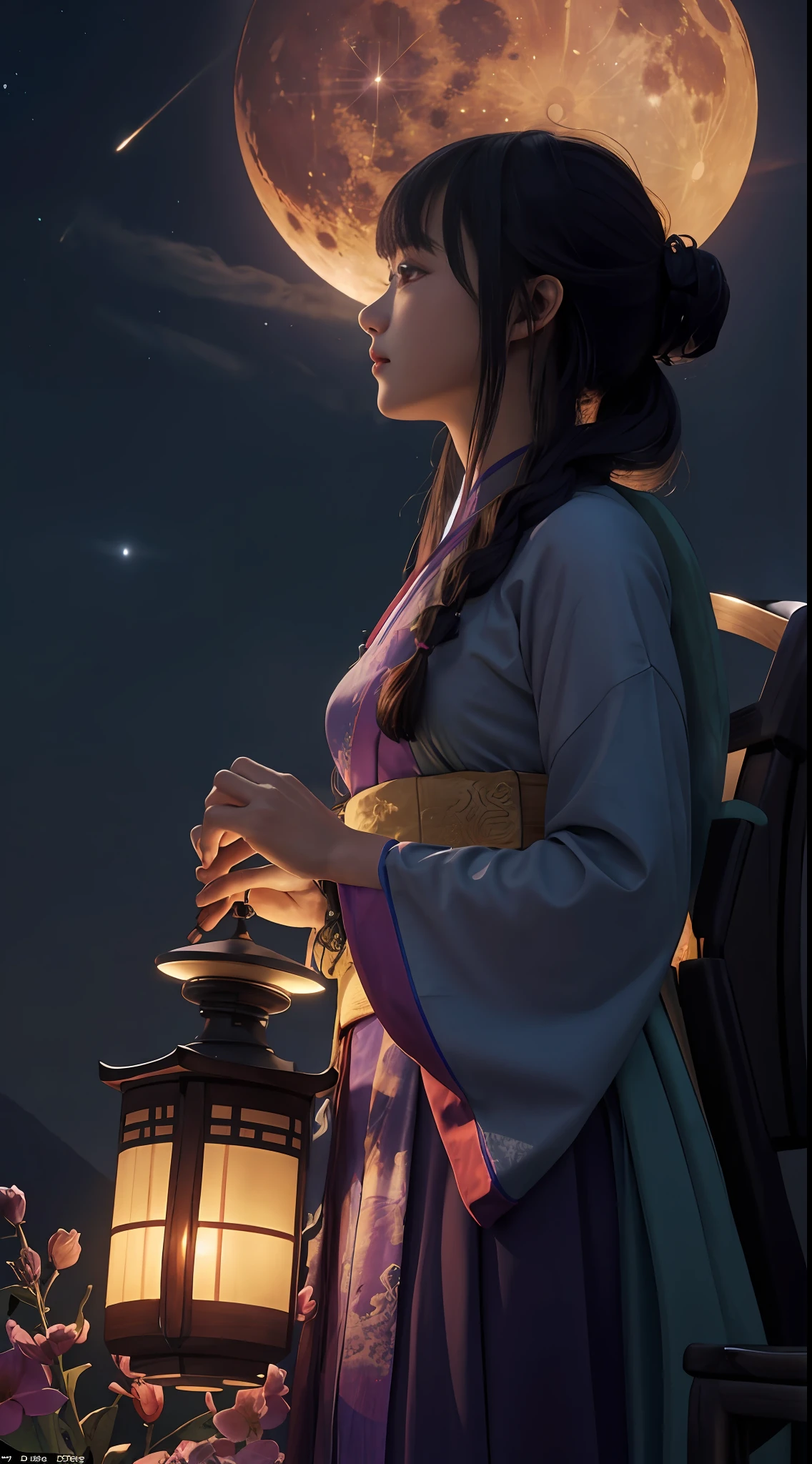 Vast landscape photos, (from below, sky above, open field below), a girl standing on a flower field looking up with a zither, (Full Moon: 1.2), (Meteor: 0.9), (Nebula: 1.3), distant mountains, Trees BREAK Making Art, (Warm Light Source: 1.2), (Firefly: 1.2), lamps, lots of purple and orange, intricate details, volumetric lighting BREAK (Masterpiece: 1.2), (Best Quality), 4k, Ultra Detailed, (Dynamic Composition: 1.4), Detailed, Colorful, (Rainbow: 1.2), (Glow, Atmospheric Lighting), Dreamy, Magical, (Solo: 1.2), Firefly, Chinese White Hanfu, Hairstyle Bangs, Seated, Playing Guzheng, Guzheng, Guqin