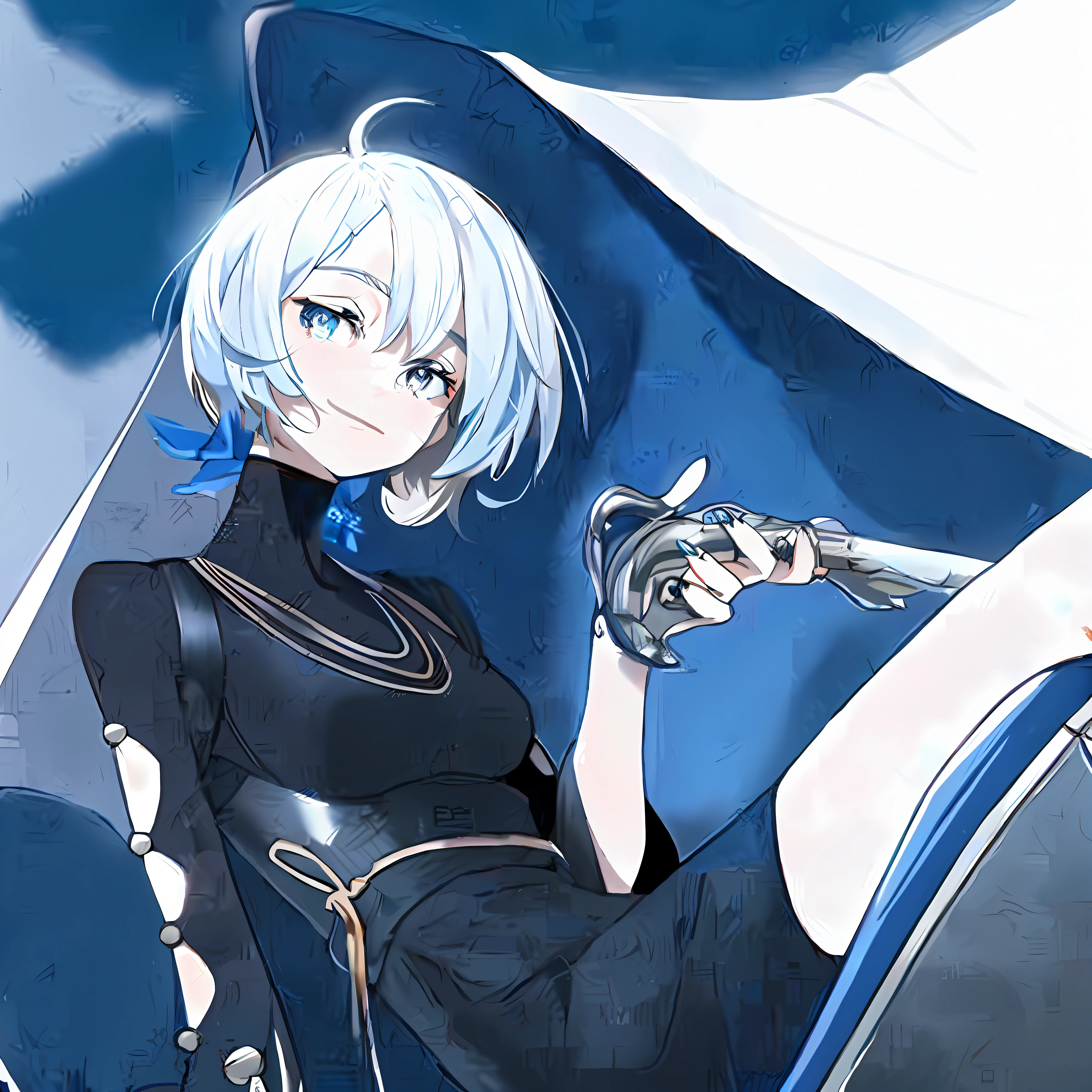 anime, a woman in a black dress sitting on a chair with a sword, rogue anime girl ayanami king, inspired by Li Chevalier, pin in anime, perfect white-haired girl, girl with short white hair, white hair, "beautiful anime woman, 2b nier automatons, white hair, cyborg - girl with silver hair, perfect android girl, CYBERPUNK STYLE