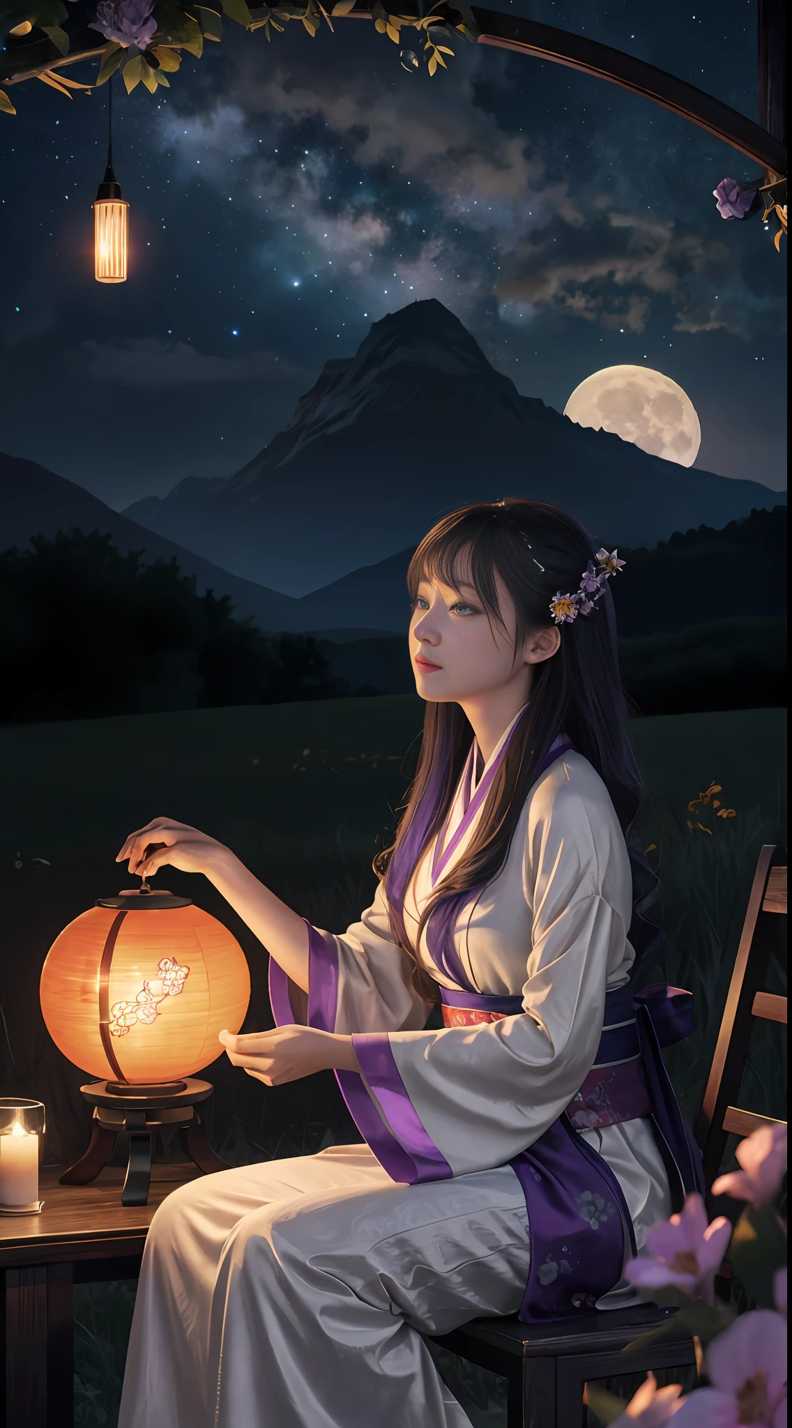 Vast landscape photos, (from below, sky above, open field below), a girl standing on a flower field looking up with a zither, (Full Moon: 1.2), (Meteor: 0.9), (Nebula: 1.3), distant mountains, Trees BREAK Making Art, (Warm Light Source: 1.2), (Firefly: 1.2), lamps, lots of purple and orange, intricate details, volumetric lighting BREAK (Masterpiece: 1.2), (Best Quality), 4K, Ultra Detailed, (Dynamic Composition: 1.4), Detailed, Colorful, (Rainbow: 1.2), (Glow, Atmospheric Lighting), Dreamy, Fantastic, (Solo: 1.2), Firefly, Chinese White Hanfu, Hairstyle Bangs, Seated, Playing Guzheng