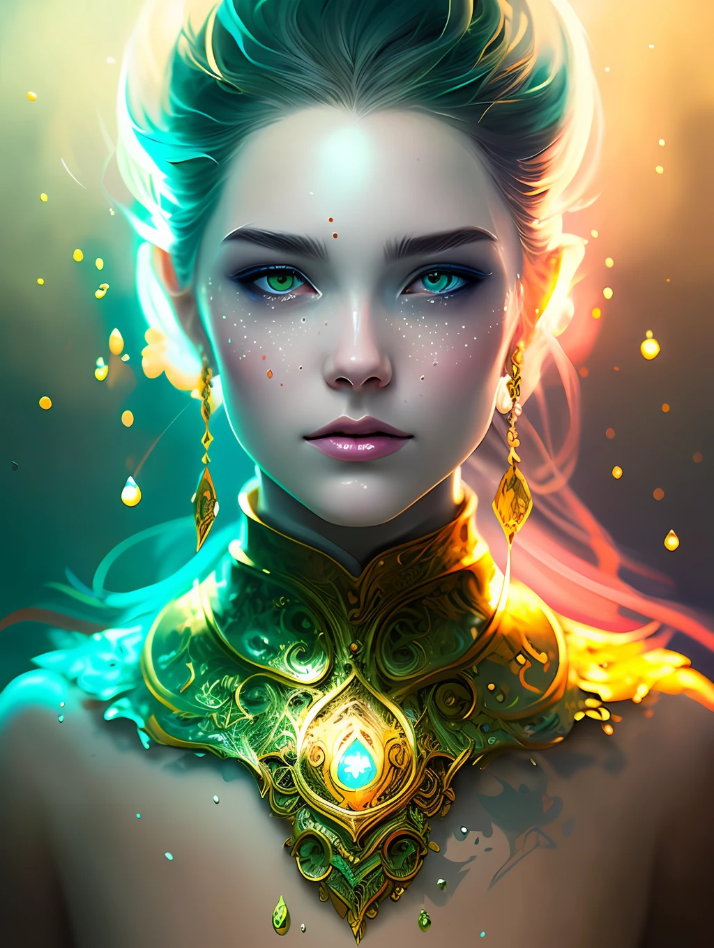 splash art, an extreme close up liquid luminous  gorgeous lady made of colors,  golden, white  pastel green silver, filigree, filigree detailed , , color drops, coloe waves,  splash style of colorful paint, hyperdetailed intricately detailed, unreal engine, fantastical, intricate detail, splash screen, complementary colors, fantasy, concept art, 8k resolution, deviantart masterpiece, oil painting, heavy strokes, paint dripping, splash arts, , fantasy art,  by Yanjun Cheng, guweiz, by atey ghailan, Greg Rutkowski, greg tocchini,,  Sakimichan , Bowater, artgerm, wlop. concept art, centered composition  perfect composition, centered, intricated pose, intricated, looking to the viewer
