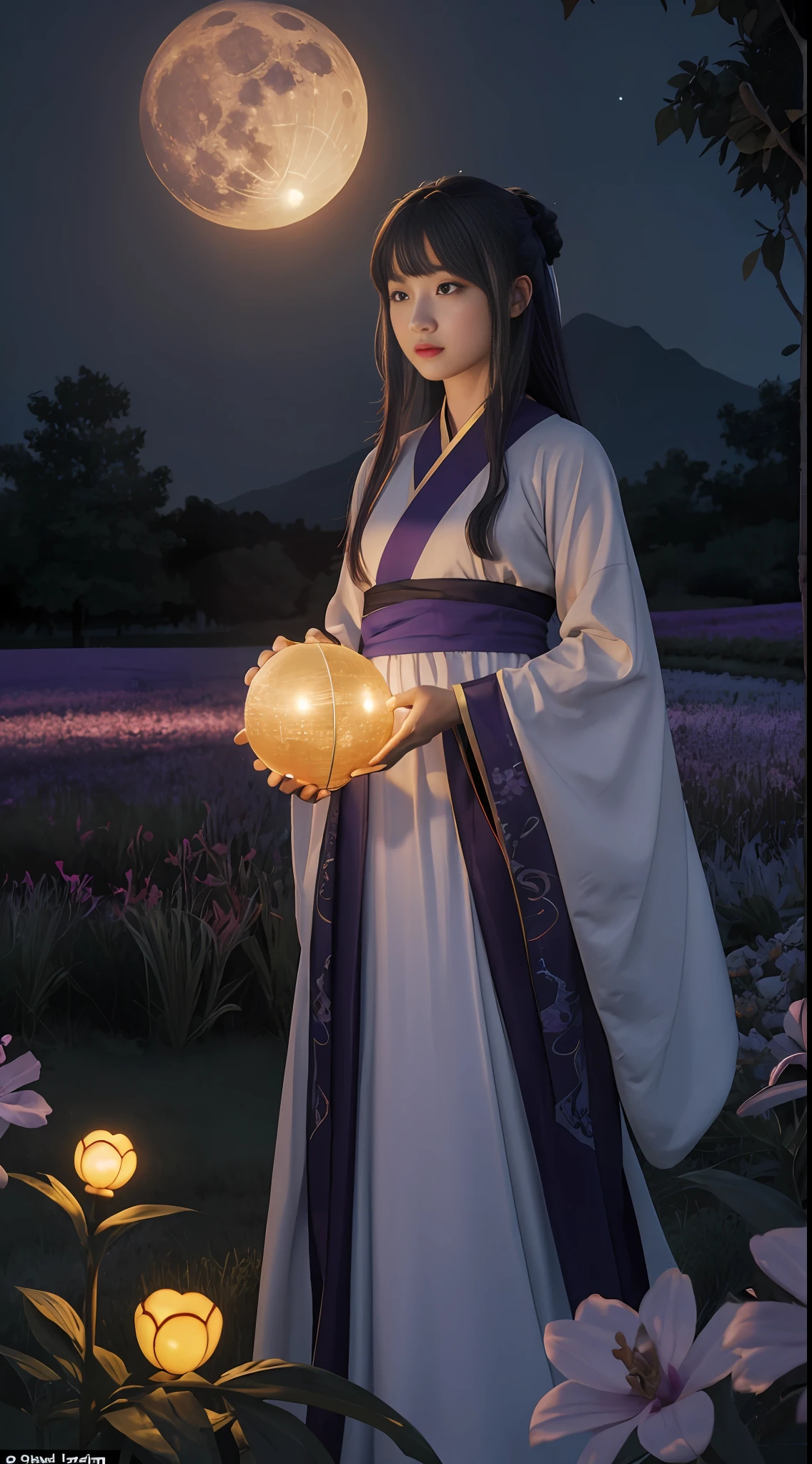 Vast landscape photos, (from below, sky above, open field below), a girl standing on a flower field looking up with a zither, (Full Moon: 1.2), (Meteor: 0.9), (Nebula: 1.3), distant mountains, Trees BREAK Making Art, (Warm Light Source: 1.2), (Firefly: 1.2), lamps, lots of purple and orange, intricate details, volumetric lighting BREAK (Masterpiece: 1.2), (Best Quality), 4K, Ultra Detailed, (Dynamic Composition: 1.4), Detailed, Colorful, (Iridescent: 1.2), (Glow, Atmospheric Lighting), Dreamy, Fantastic, (Solo: 1.2), Firefly, Chinese White Hanfu, Hairstyle Bangs, Seated