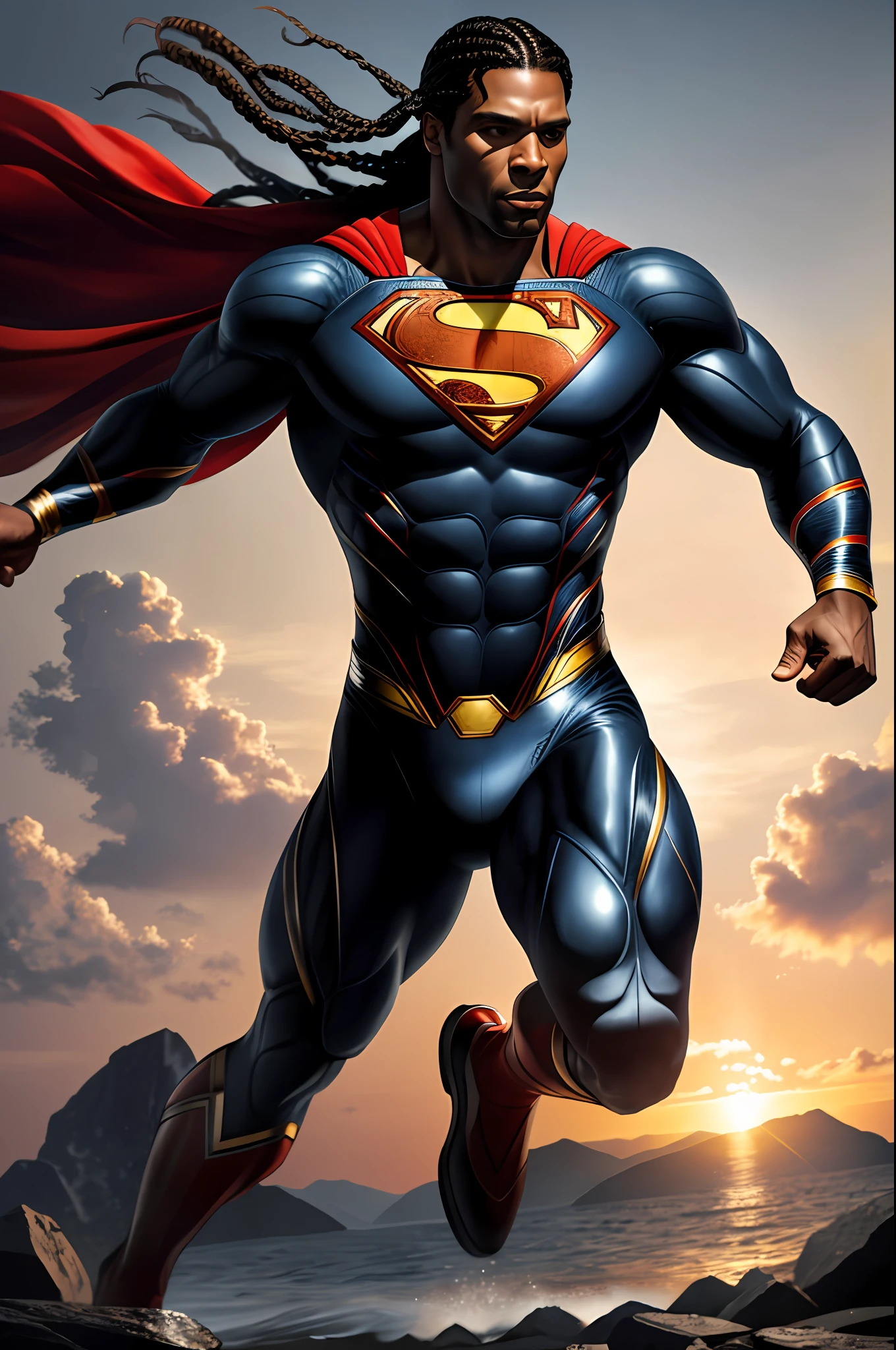 (16k, RAW photo, best quality, masterpiece: 1.2), ultra-detailed, formal art, photorealism: 1.37, upper body photo, Black Man braided hair 32 years old DC Superman, film grain, action pose