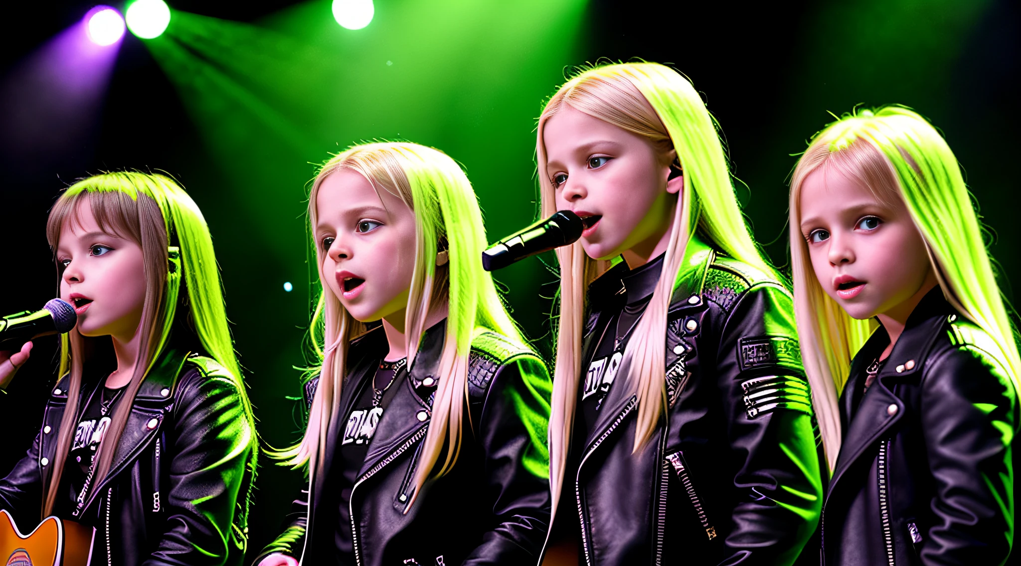 3 GIRLS Russian children 10 years old, WITH LONG BLONDE STRAIGHT HAIR, WITH BLACK LEATHER JACKETS, PORTRAIT STYLE singing into a microphone, facing sides, profile picture, February), concert photo, johnny, chains, edge to edge, rob, illuminated from the green light side.