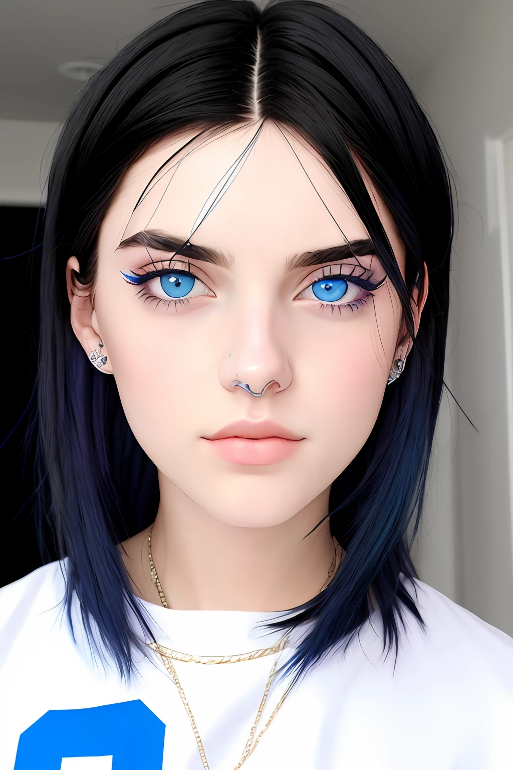 White tumblr style girl with black hair blue eyes resembling billie elish