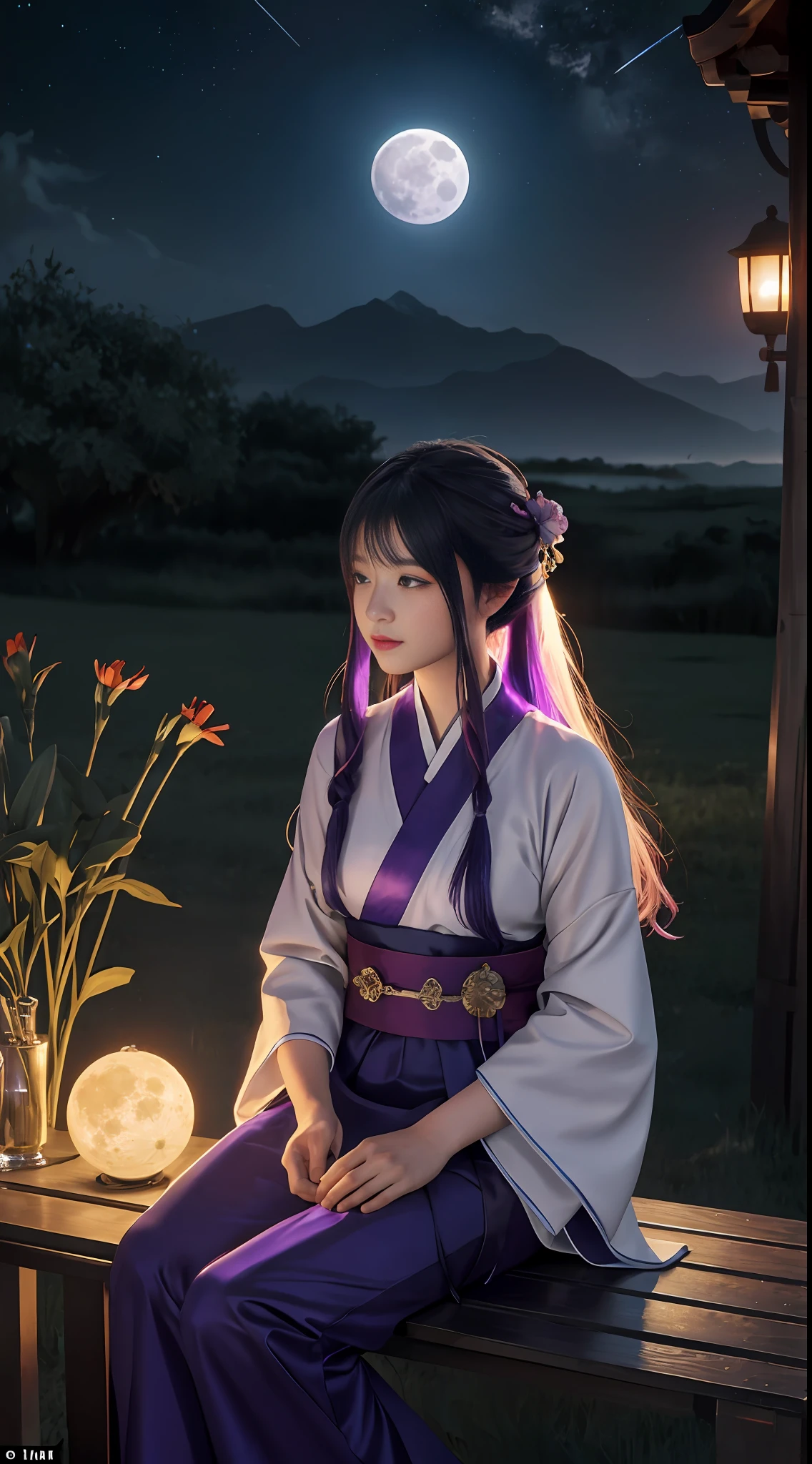 Vast landscape photos, (from below, sky above, open field below), a girl standing on a flower field looking up with a zither, (Full Moon: 1.2), (Meteor: 0.9), (Nebula: 1.3), distant mountains, Trees BREAK Making Art, (Warm Light Source: 1.2), (Firefly: 1.2), lamps, lots of purple and orange, intricate details, volumetric lighting BREAK (Masterpiece: 1.2), (Best Quality), 4K, Ultra Detailed, (Dynamic Composition: 1.4), Detailed, Colorful, (Iridescent: 1.2), (Glow, Atmospheric Lighting), Dreamy, Fantastic, (Solo: 1.2), Firefly, Chinese White Hanfu, Hairstyle Bangs, Seated