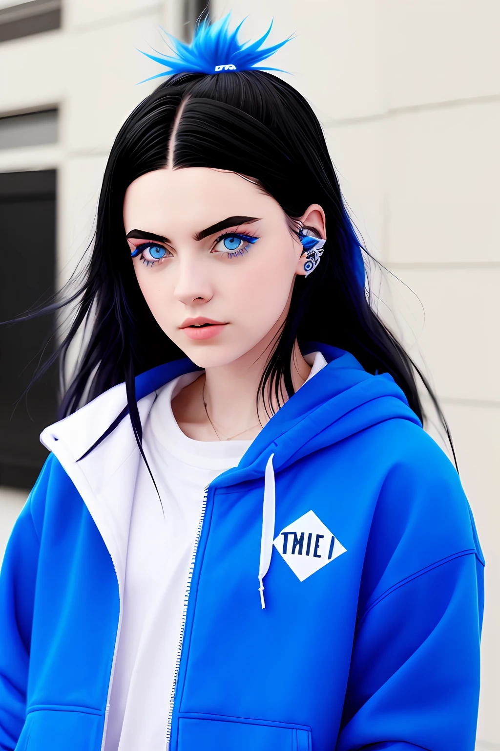 White tumblr style girl with black hair blue eyes resembling billie elish