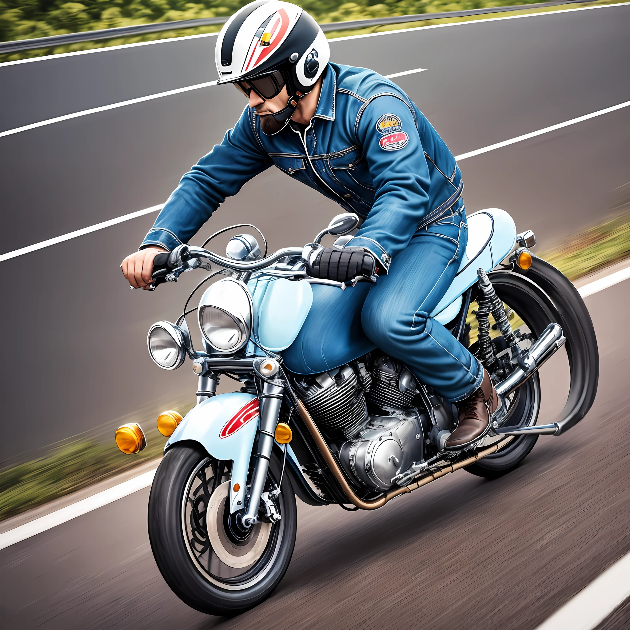 ((neo-classic bike)), (cartoon-style man), , 8K, 1 man, face hidden, full face helmet, Levi's denim, Danner boots, driving on the highway --auto --s2