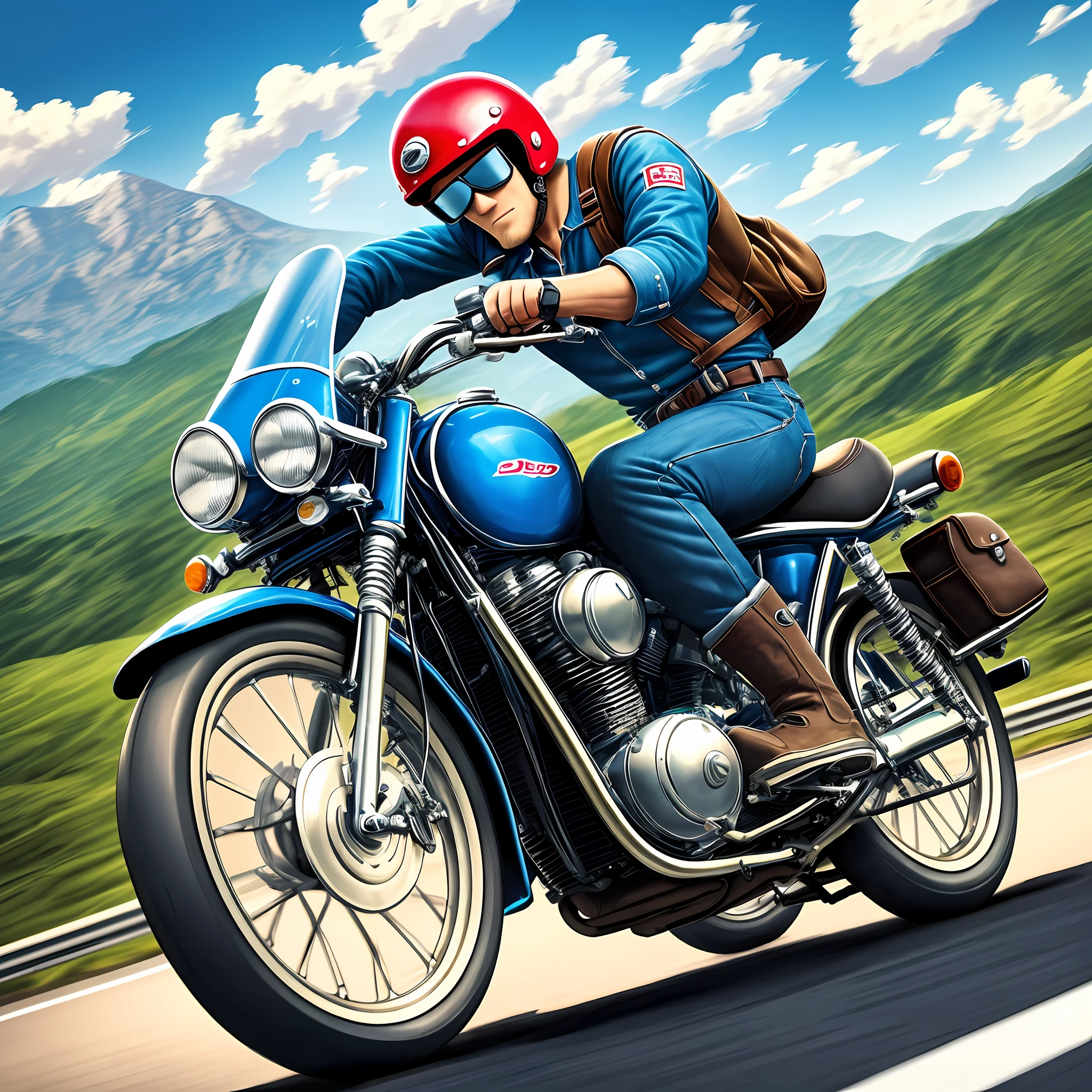 ((neo-classic bike)), (cartoon-style man), , 8K, 1 man, face hidden, full face helmet, Levi's denim, Danner boots, driving on the highway --auto --s2