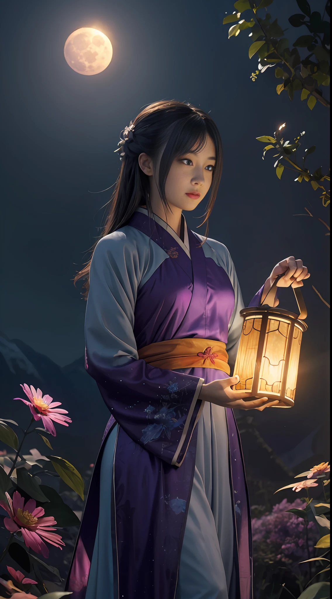 Vast landscape photos, (from below, sky above, open field below), a girl standing on a flower field looking up with a zither, (Full Moon: 1.2), (Meteor: 0.9), (Nebula: 1.3), distant mountains, Trees BREAK Making Art, (Warm Light Source: 1.2), (Firefly: 1.2), lamps, lots of purple and orange, intricate details, volumetric lighting BREAK (Masterpiece: 1.2), (Best Quality), 4K, Ultra Detailed, (Dynamic Composition: 1.4), Detailed, Colorful, (Iridescent: 1.2), (Glow, Atmospheric Lighting), Dreamy, Fantastic, (Solo: 1.2), Firefly, Chinese White Hanfu, Hairstyle Bangs, Seated