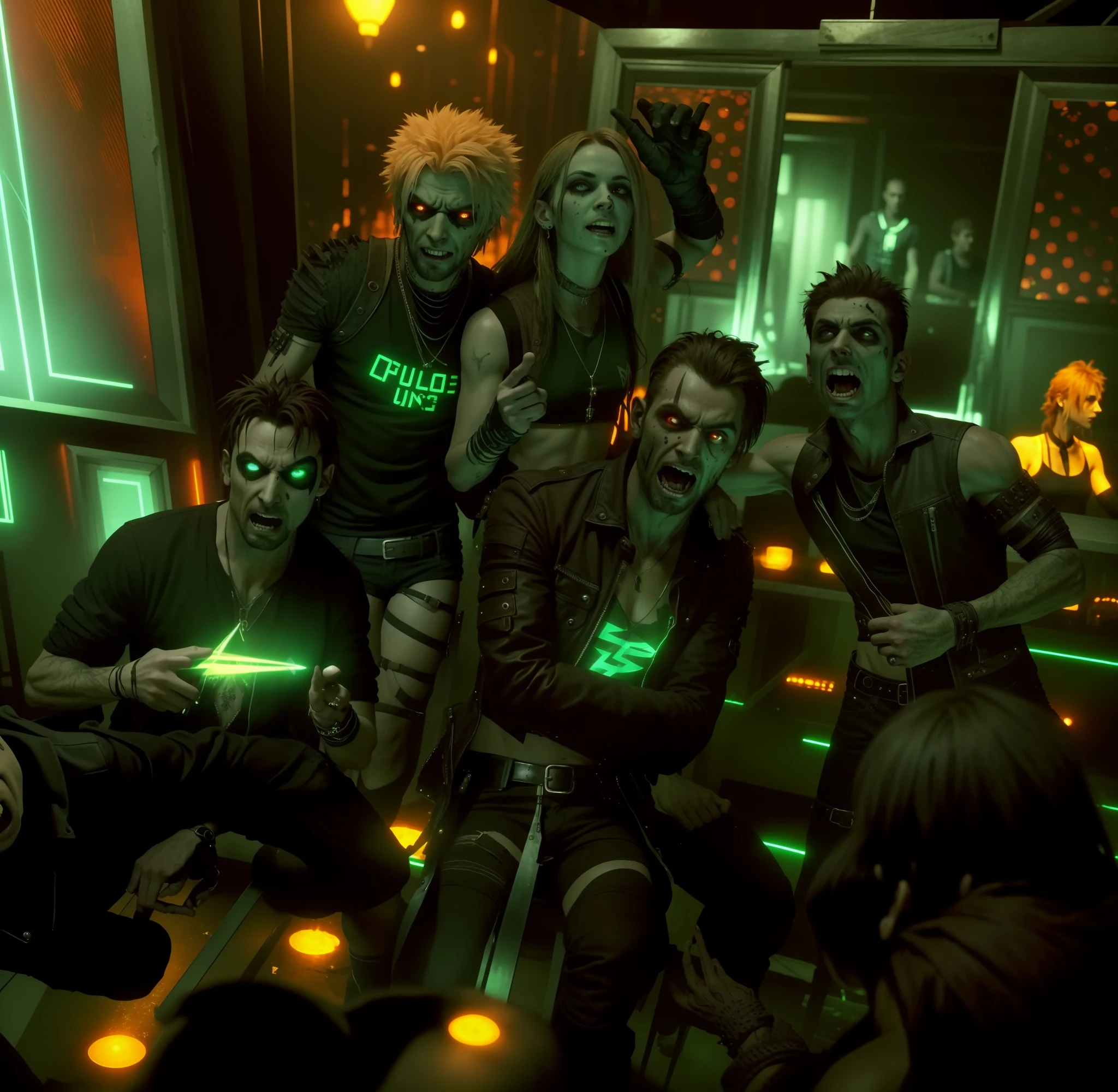 there are a group of people sitting together in a room, group of people in a dark room, vampire the masquerade, overload, badass composition, by Galen Dara, goblins partying at a rave, & they all look terrified, in cyber punk 2077, dark neon punk, in cyberpunk style, edited, cyberpunk with neon lighting, album art