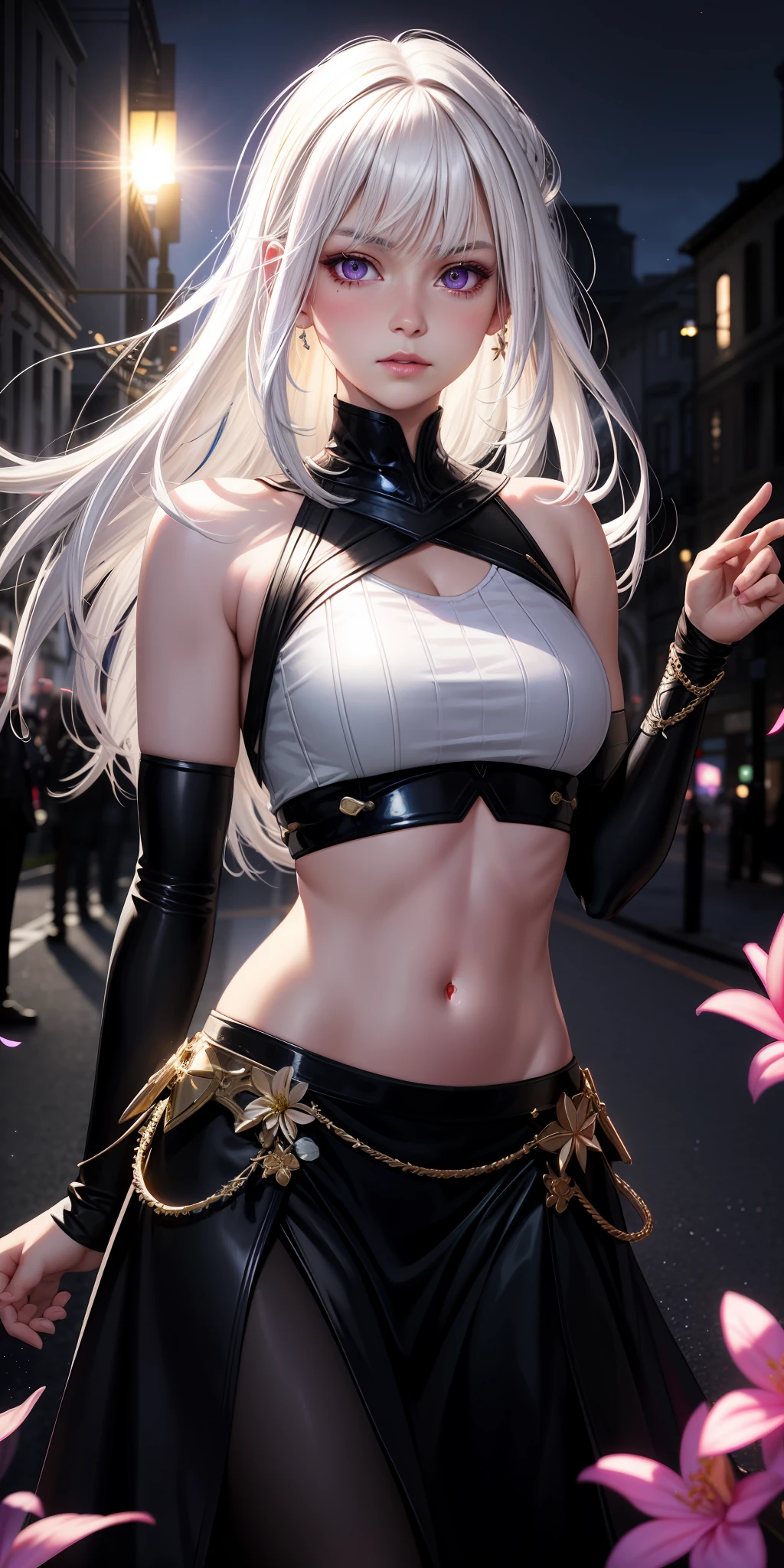 realistic, 1girl, white hair, purple eyes, glowing eyes, crop top, skirt, parted lips, blush, night, flowers, sun, sunlight,